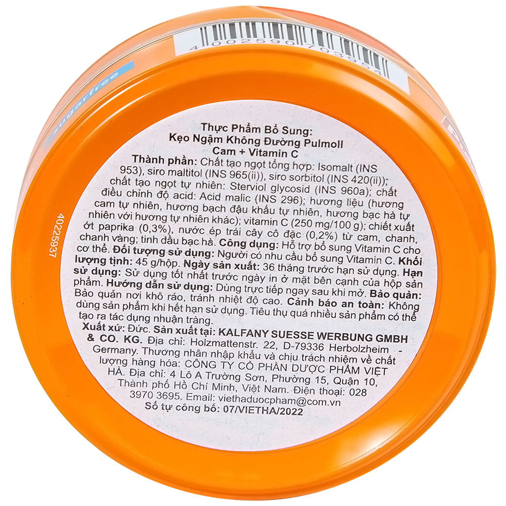 Kẹo Ngậm Không Đường Vị Cam Và Vitamin C Pulmoll (45g)