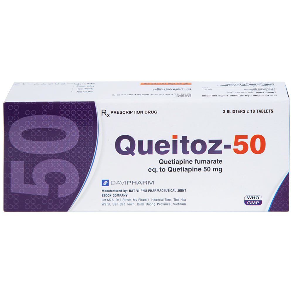 Thuốc Queitoz-50 Davipharm điều trị tâm thần phân liệt, rối loạn lưỡng cực (3 vỉ x 10 viên) 