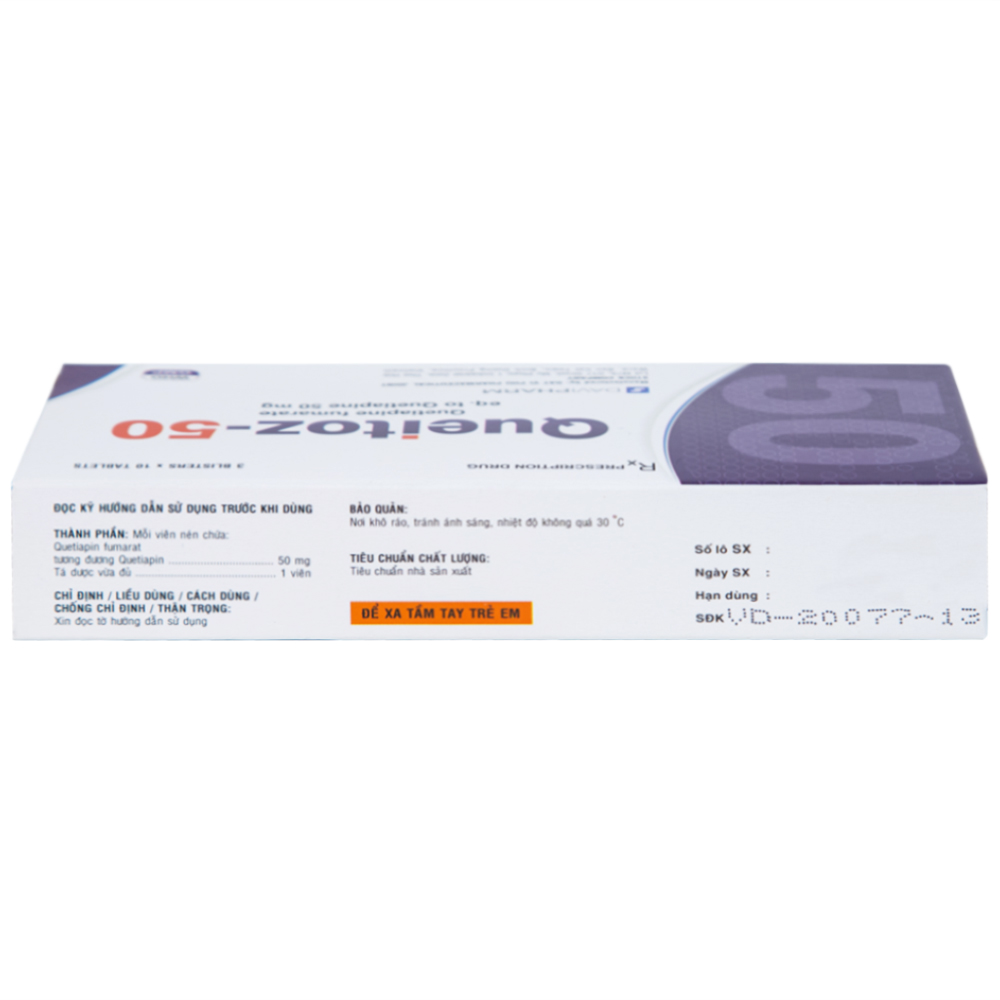 Thuốc Queitoz-50 Davipharm điều trị tâm thần phân liệt, rối loạn lưỡng cực (3 vỉ x 10 viên) 