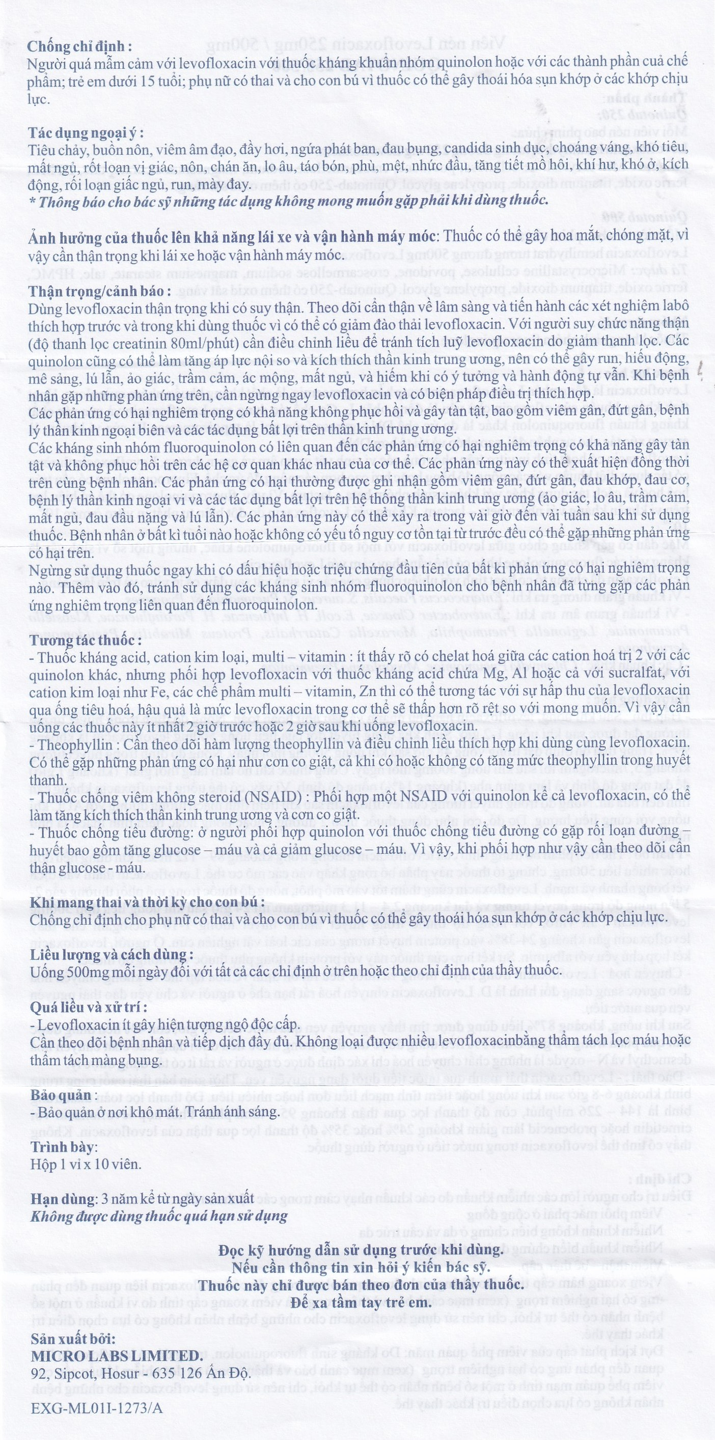 Thuốc Quinotab-500 Micro điều trị các chứng nhiễm trùng (1 vỉ x 10 viên) 