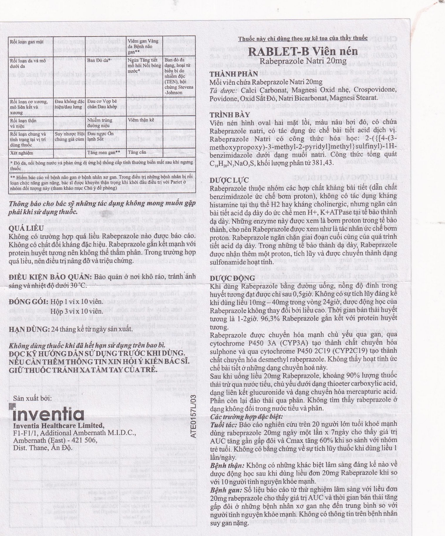 Thuốc Rablet-B Inventia điều trị loét do hội chứng trào ngược dạ dày, thực quản (3 vỉ x 10 viên)