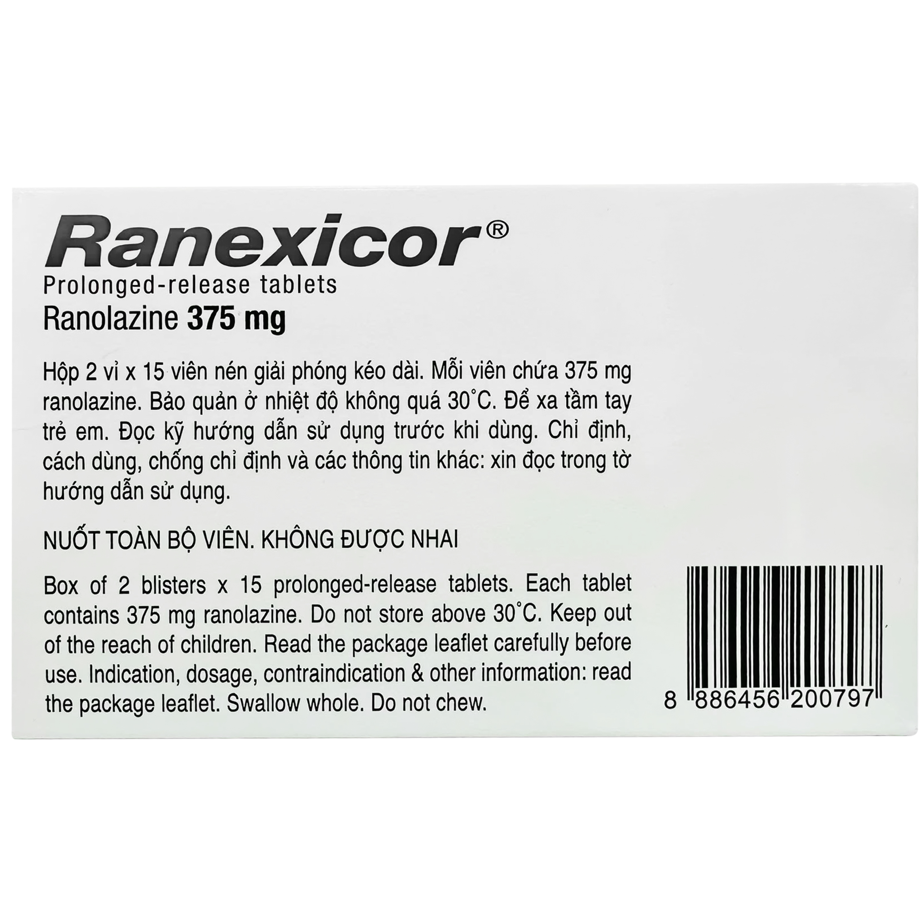 Thuốc Ranexicor 375MG Menarini điều trị đau thắt ngực mãn tính (2 vỉ x 15 viên)