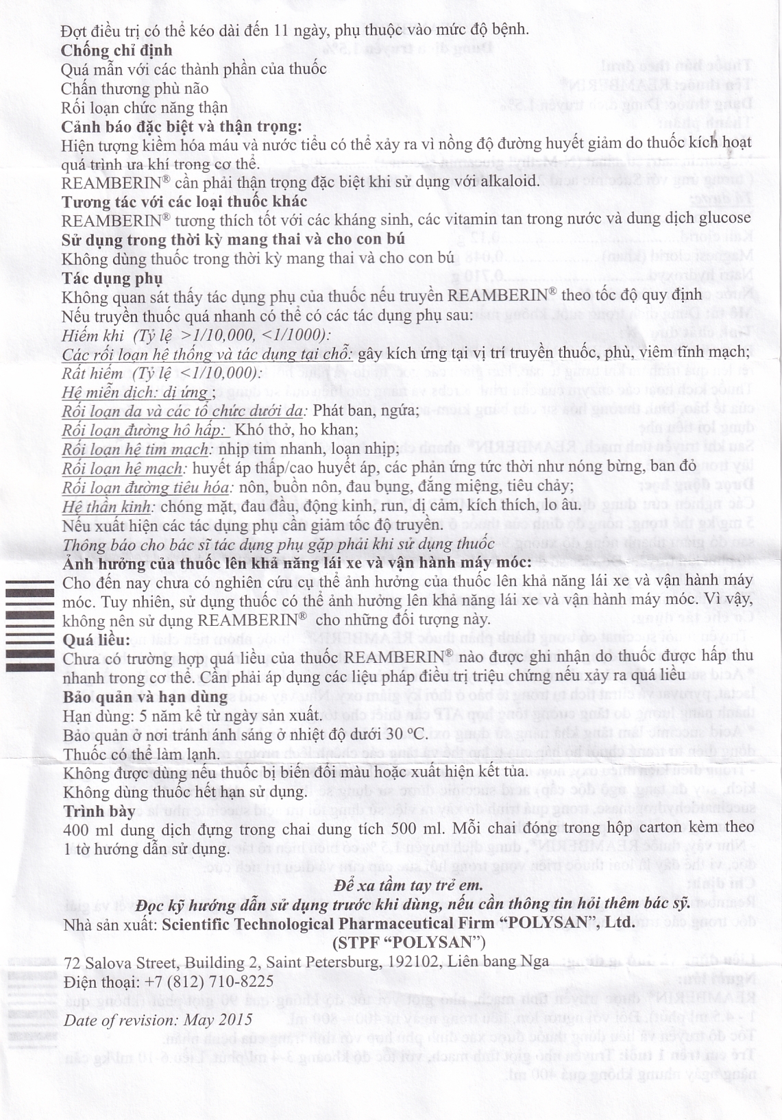 Dung dịch truyền Reamberin Polysan giảm oxy huyết và giải độc (400ml)