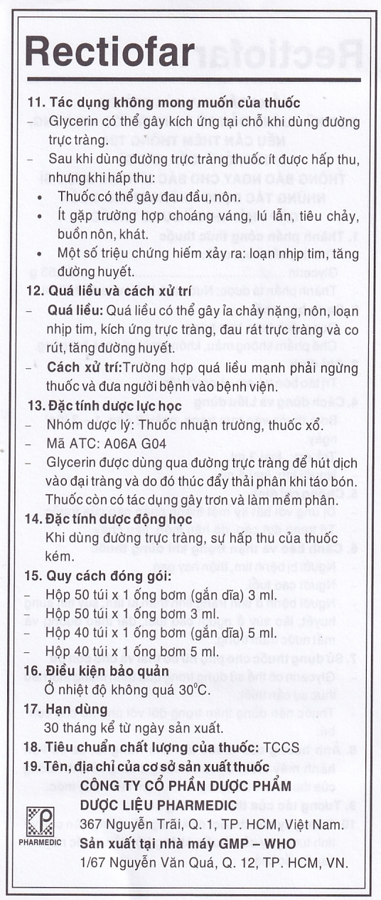 Dung dịch Rectiofar Pharmedic điều trị táo bón (50 túi x 1 ống bơm 3ml)
