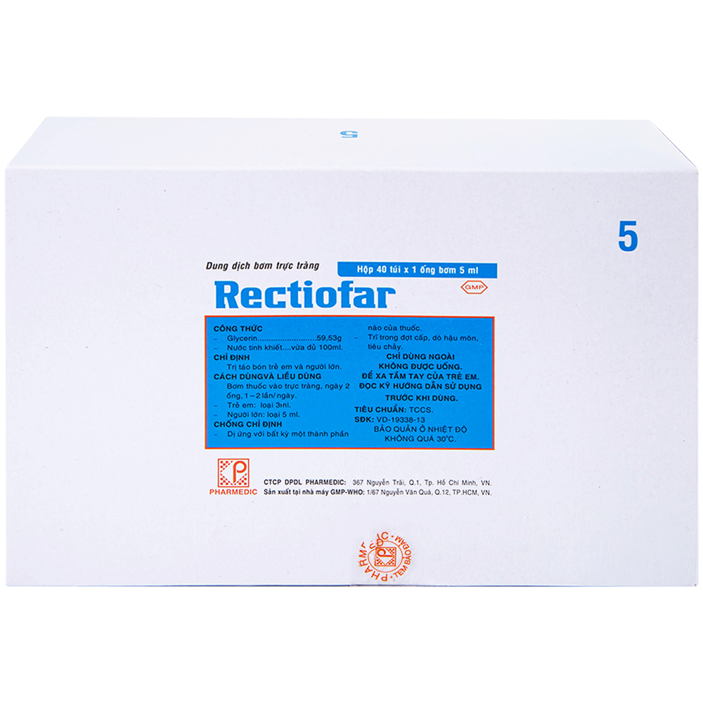 Dung dịch Rectiofar Pharmedic điều trị táo bón (40 túi x 1 ống bơm 5ml)
