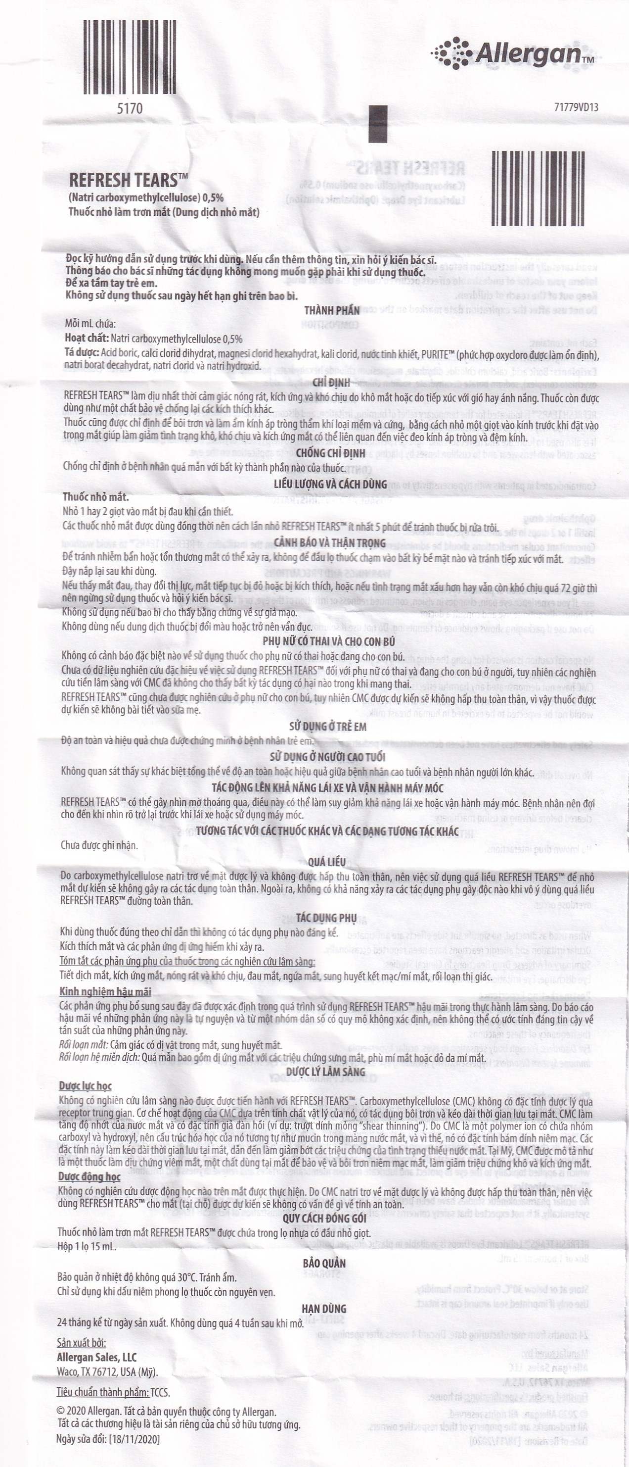 Thuốc nhỏ mắt Refresh Tears Allergan giảm khô mắt, mắt đỏ (15ml)
