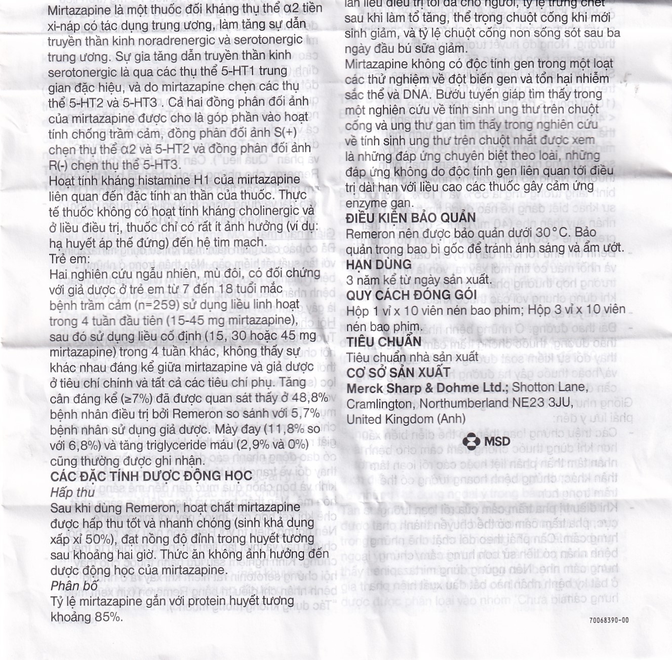 Thuốc Remeron 30mg MSD điều trị các đợt của trầm cảm nặng (3 vỉ x 10 viên)