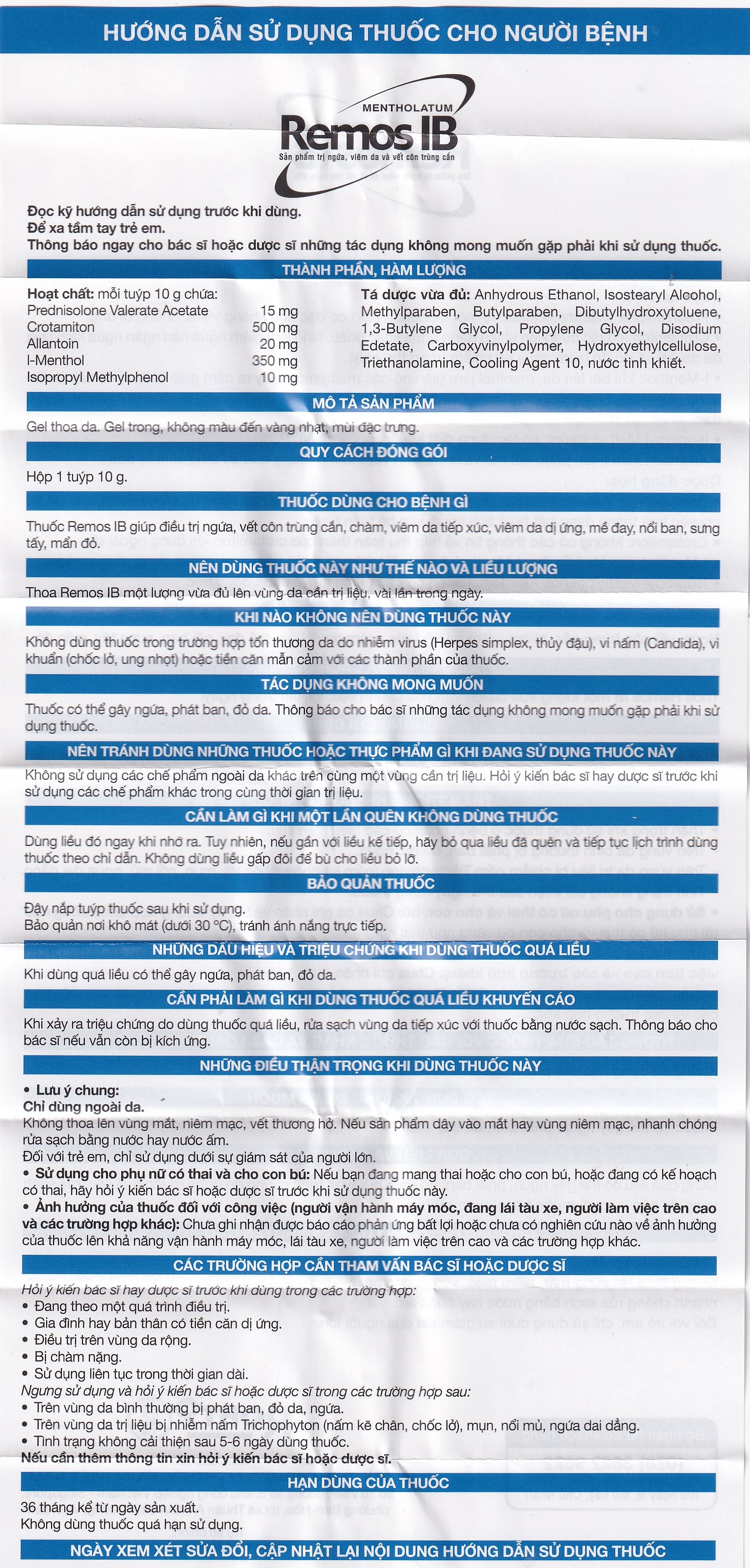 Gel Remos IB trị ngứa, viêm da và vết côn trùng cắn (10g)