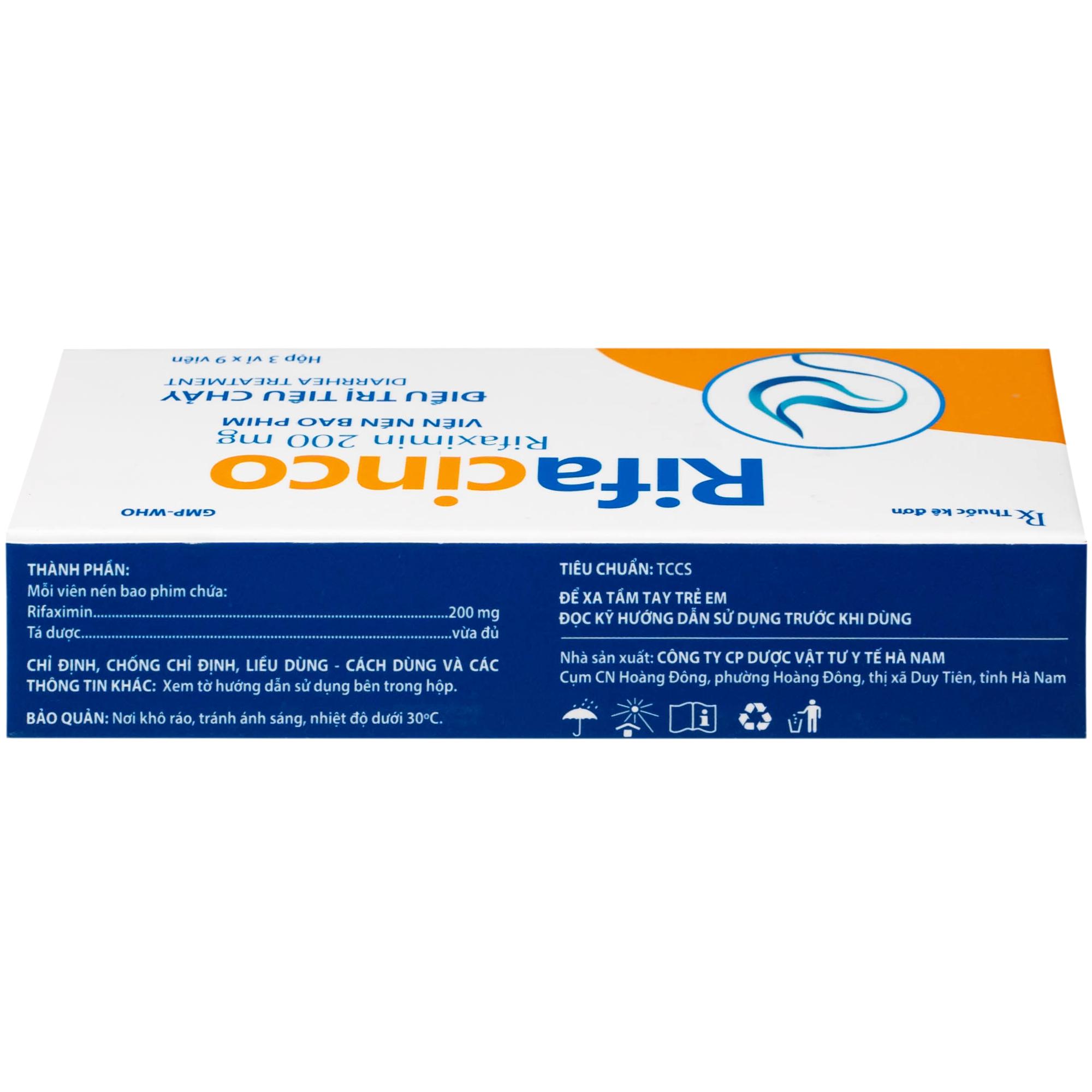 Thuốc Rifacinco 200mg Hà Nam điều trị tiêu chảy du lịch do E. coli không xâm nhập (3 vỉ x 9 viên)