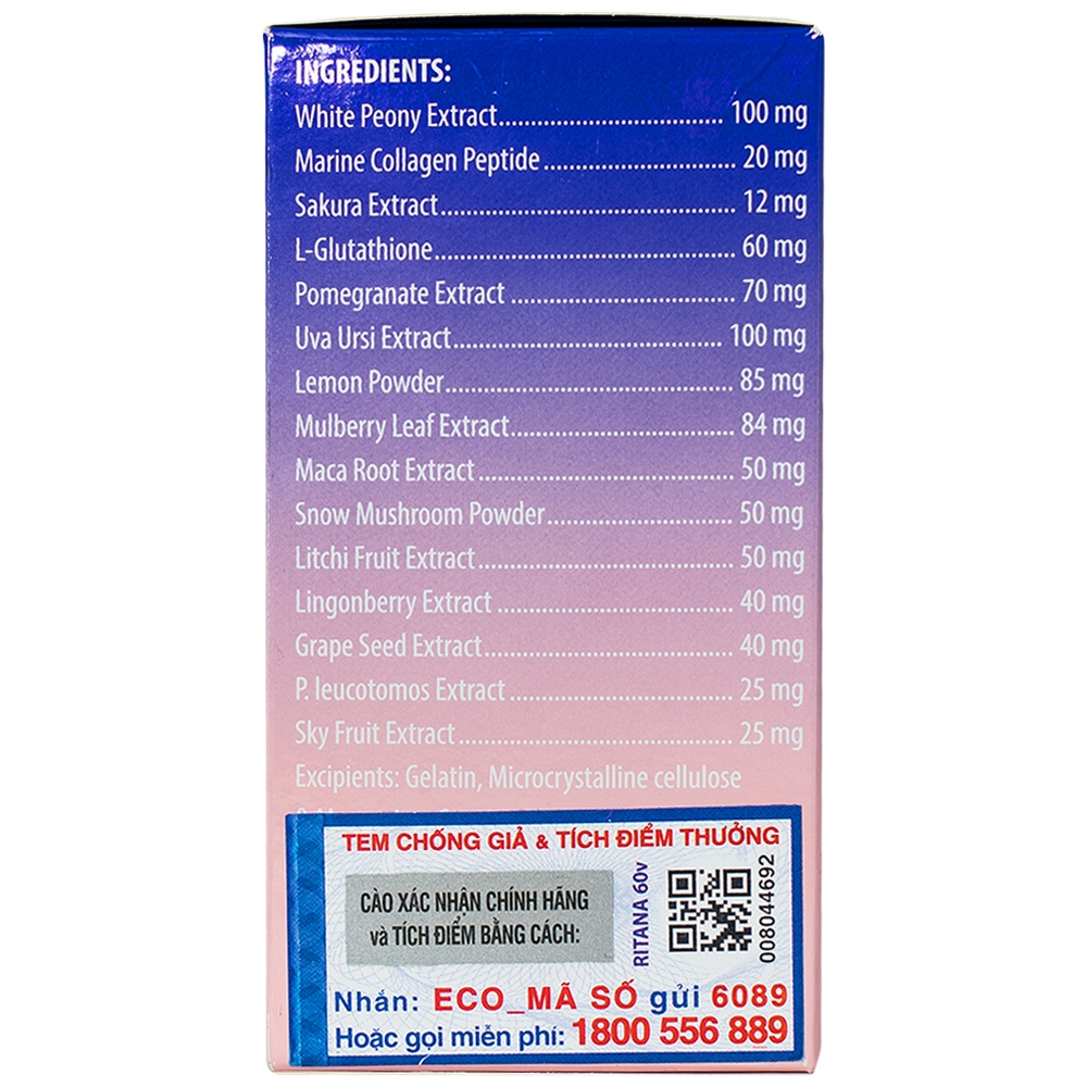 Viên uống hỗ trợ da trắng hồng tự nhiên Ritana (60 viên)