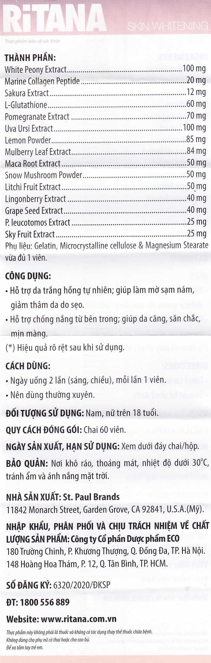 Viên uống hỗ trợ da trắng hồng tự nhiên Ritana (60 viên)