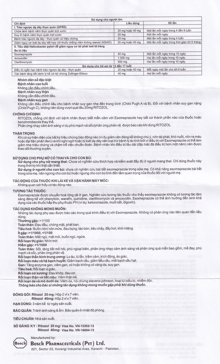 Thuốc Ritozol 40mg Bosch điều trị trào ngược dạ dày thực quản (2 vỉ x 7 viên)