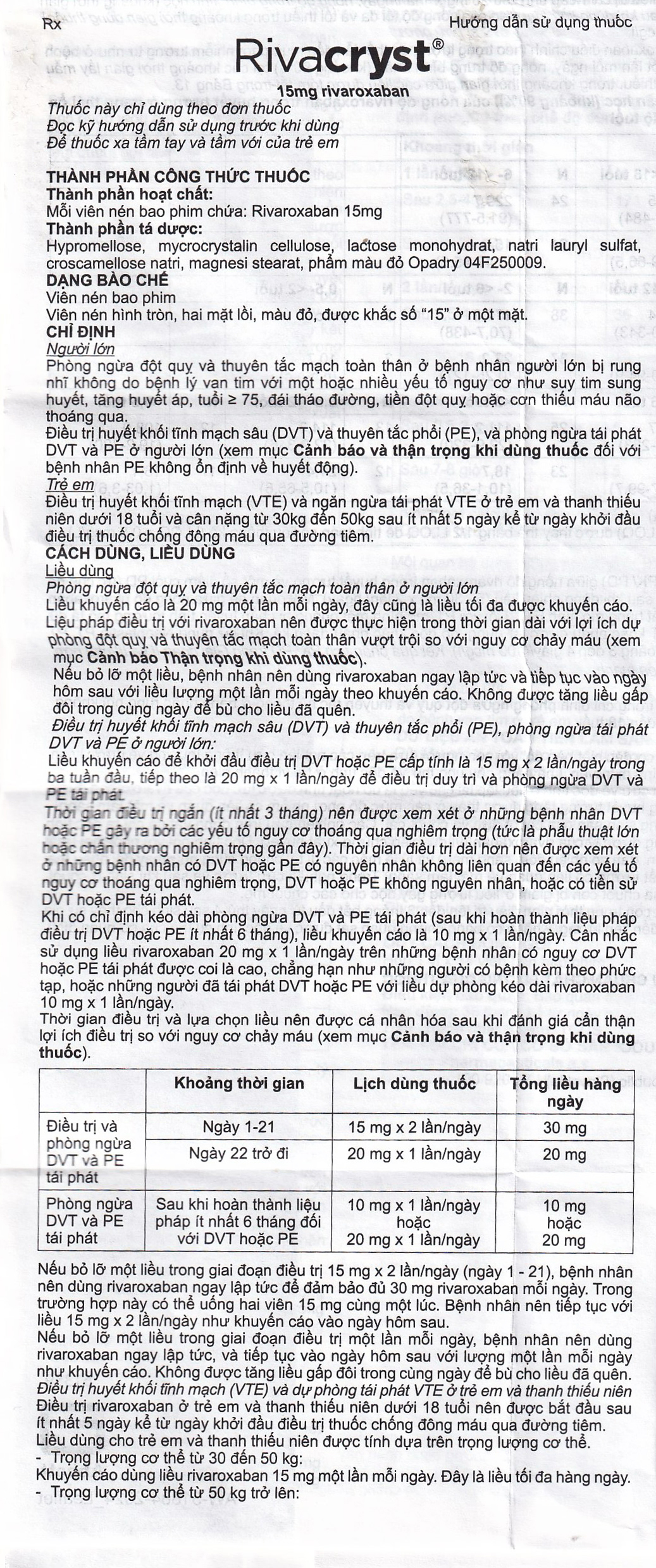 Thuốc Rivacryst 15Mg Dự Phòng Huyết Khối, Giảm Nguy Cơ Đột Quỵ  ( 1 Vỉ X 14 Viên)