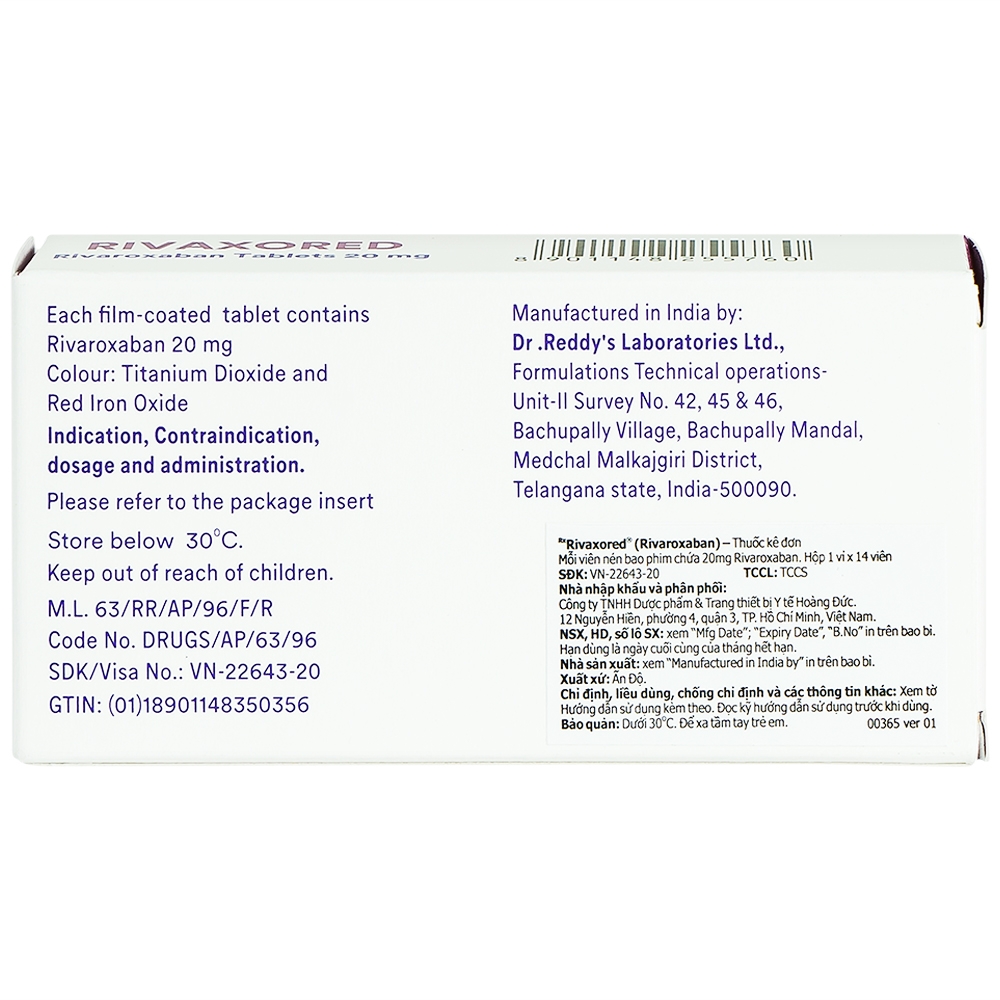 Thuốc Rivaxored 20mg Dr.Reddy's phòng ngừa thuyên tắc huyết khối tĩnh mạch (1 vỉ x 14 viên)