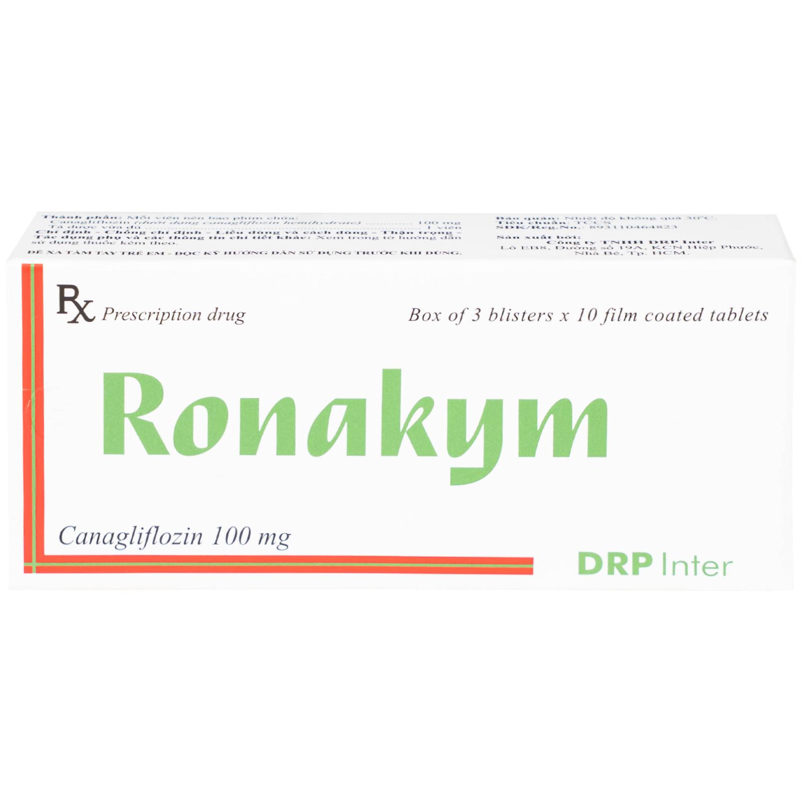Thuốc Ronakym 100mg DRP Inter điều trị đái tháo đường tuýp 2 ở người lớn (3 vỉ x 10 viên)