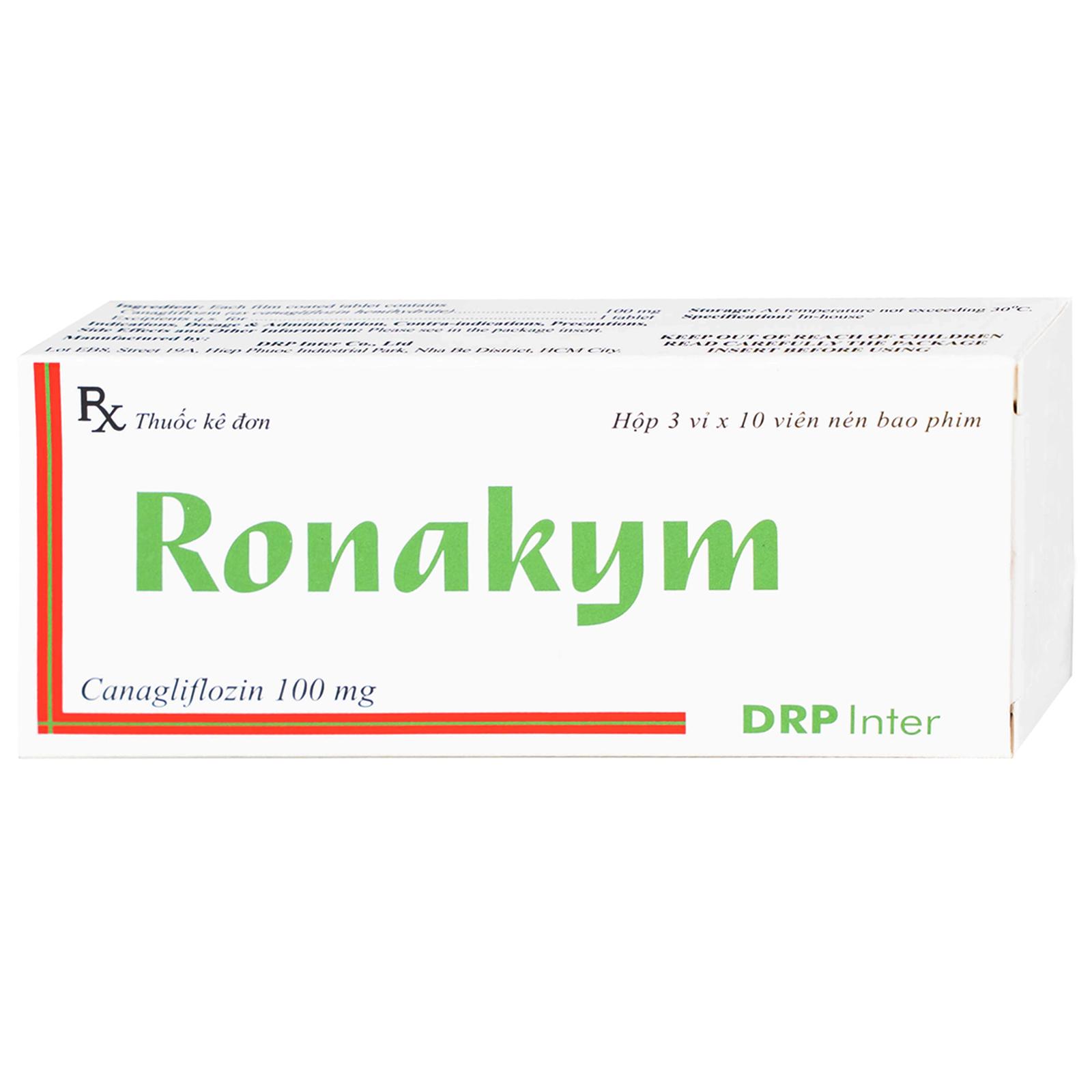 Thuốc Ronakym 100mg DRP Inter điều trị đái tháo đường tuýp 2 ở người lớn (3 vỉ x 10 viên)