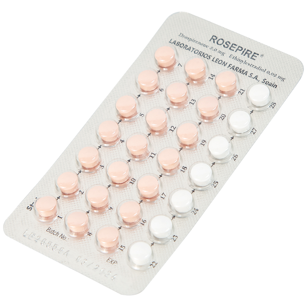 Thuốc Rosepire 3mg/0,02mg Exeltis tím dùng để tránh thai (1 vỉ x 28 viên)