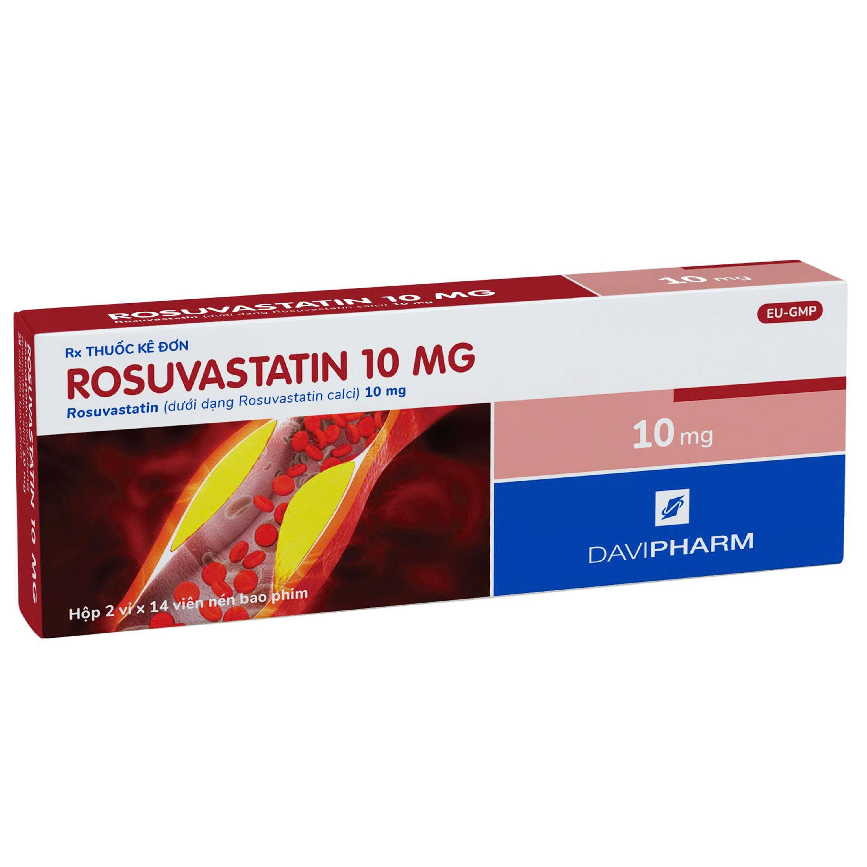 Thuốc Rosuvastatin 10mg Davipharm giúp giảm LDL, triglycerid, tăng HDL trong rối loạn lipid máu (2 vỉ x 14 viên)