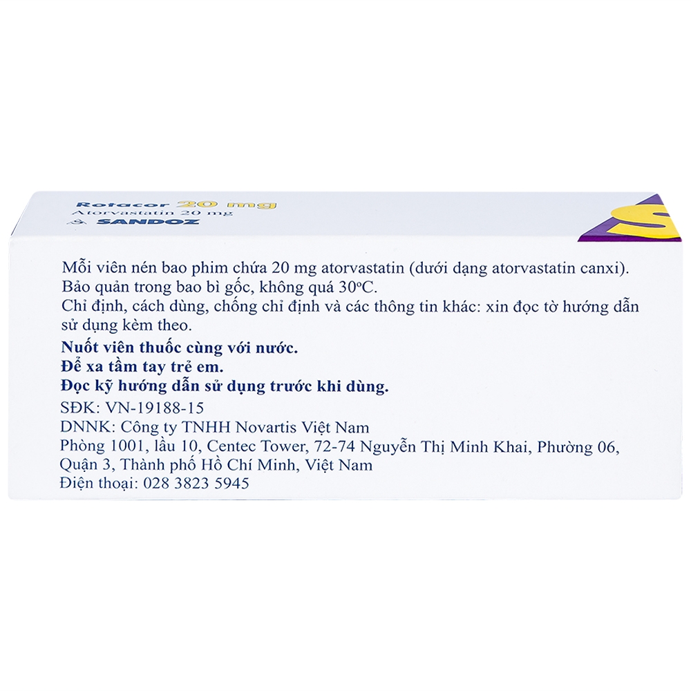 Thuốc Rotacor 20mg Sandoz điều trị tăng cholesterol toàn phần (3 vỉ x 10 viên)