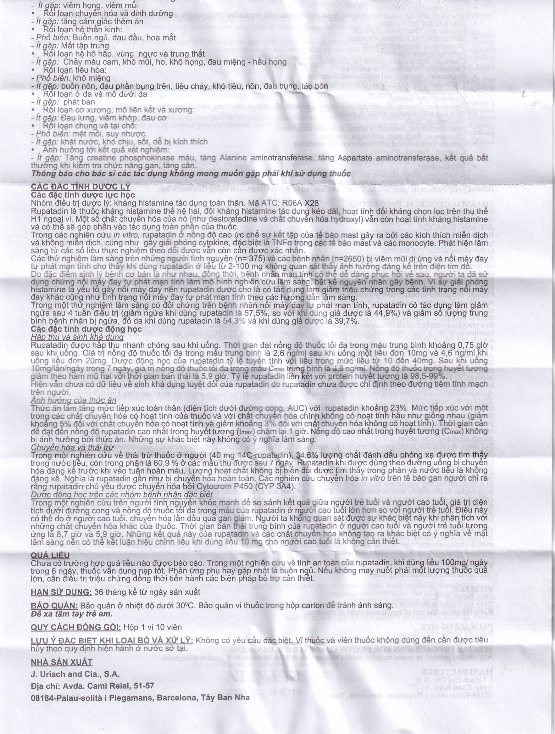 Thuốc Rupafin 10mg Hyphens điều trị viêm mũi dị ứng, nổi mày đay (1 vỉ x 10 viên)