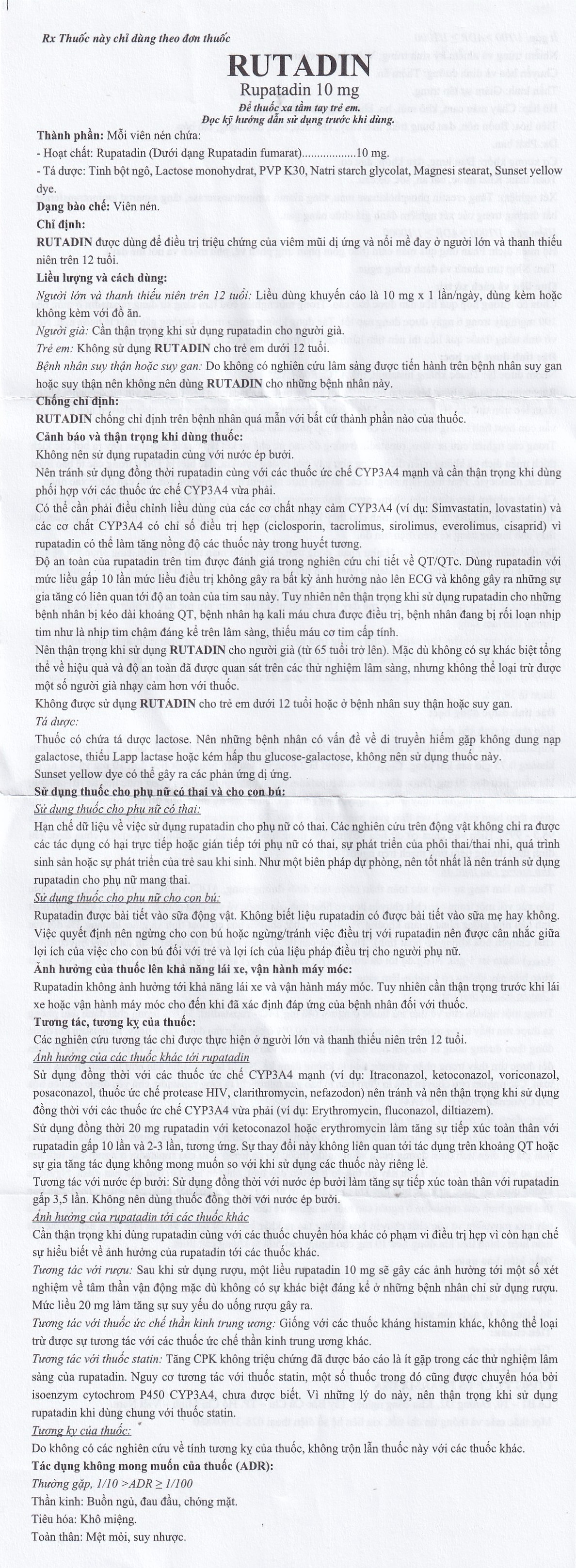 Thuốc Rutadin 10mg pharma usa điều trị triệu chứng của viêm mũi dị ứng và nổi mề đay (3 vỉ x 10 viên)