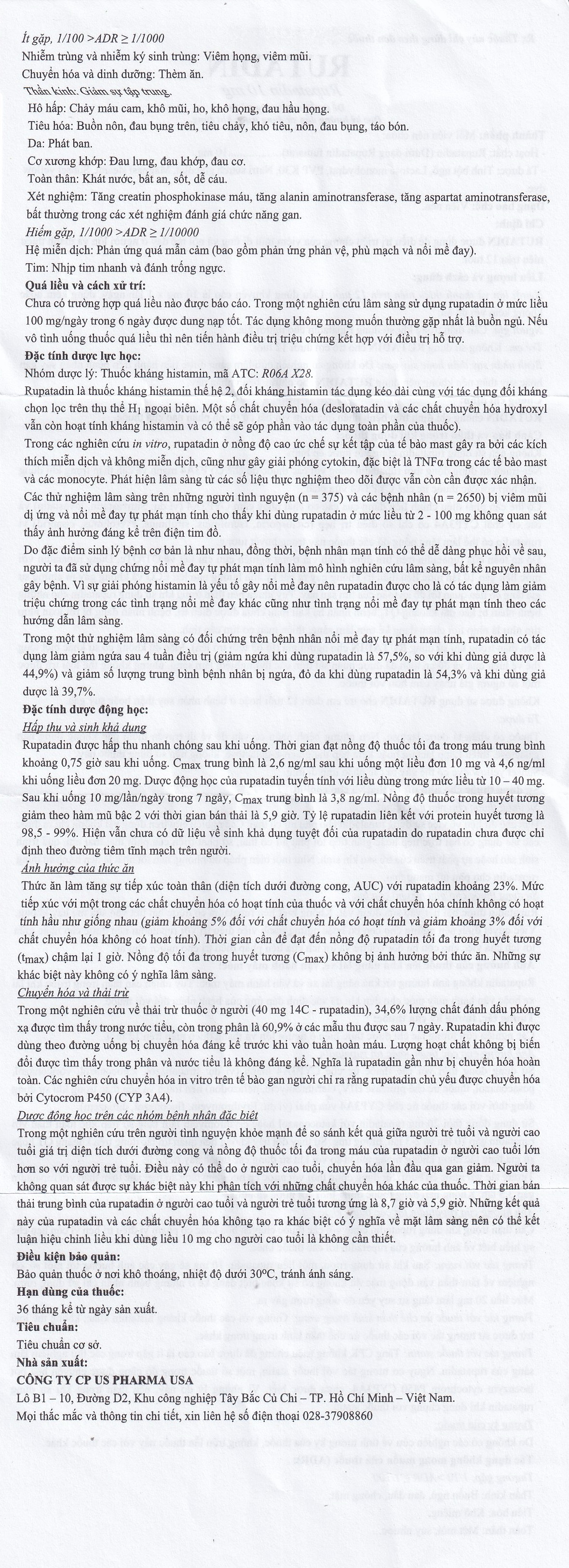 Thuốc Rutadin 10mg pharma usa điều trị triệu chứng của viêm mũi dị ứng và nổi mề đay (3 vỉ x 10 viên)