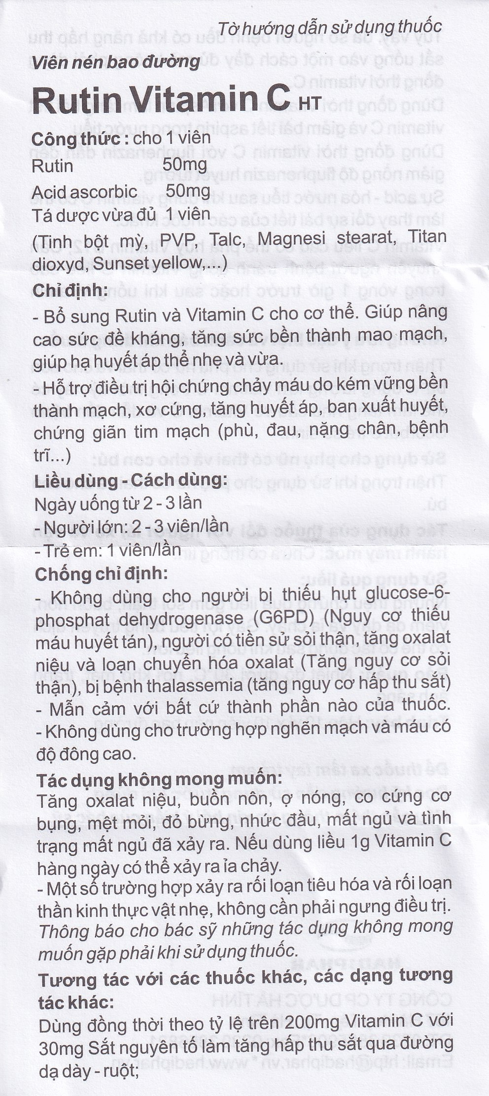 Thuốc Rutin Vitamin C Hadiphar tăng sức bền thành mao mạch, điều trị chứng giãn tĩnh mạch (10 vỉ x 10 viên)