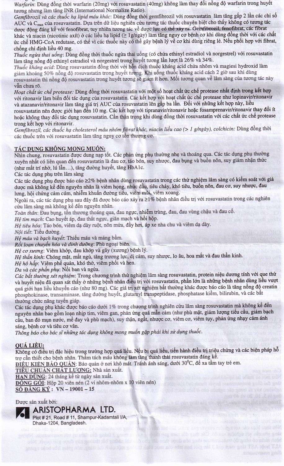Thuốc Ruvastin 10mg Aristopharma giảm sự gia tăng cholesterol toàn phần (20 viên)