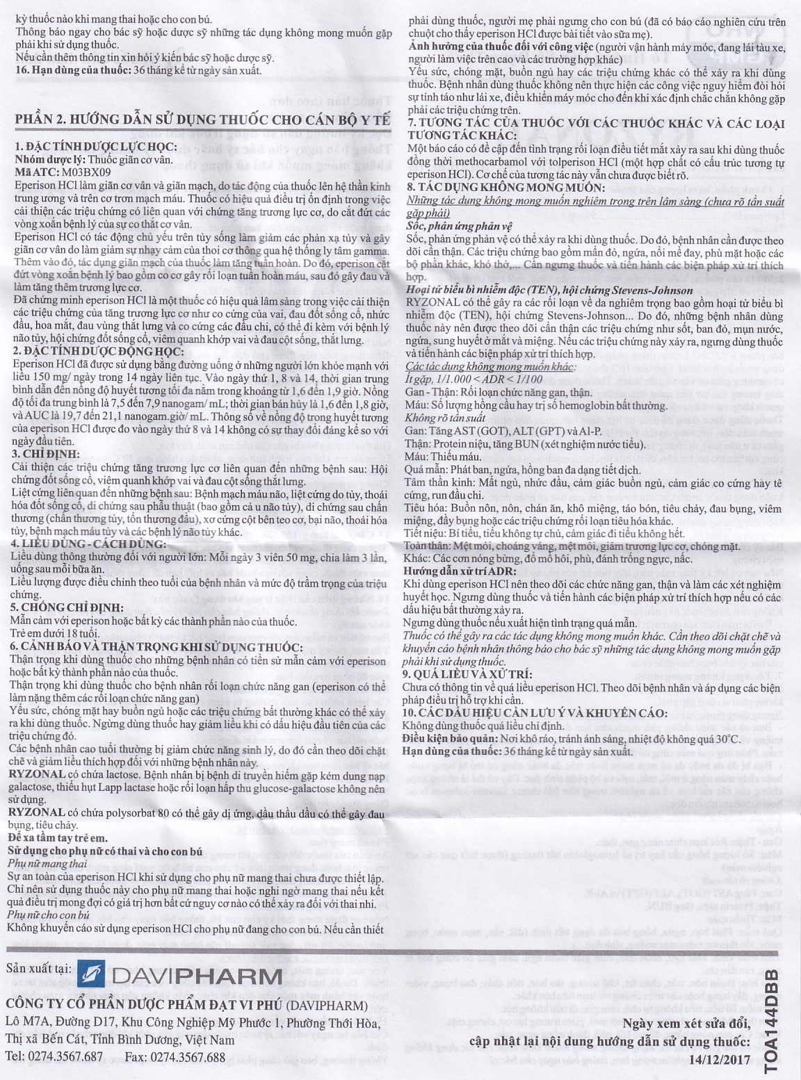 Thuốc Ryzonal Davipharm điều trị hội chứng đốt sống cổ, viêm quanh khớp vai (6 vỉ x 10 viên)