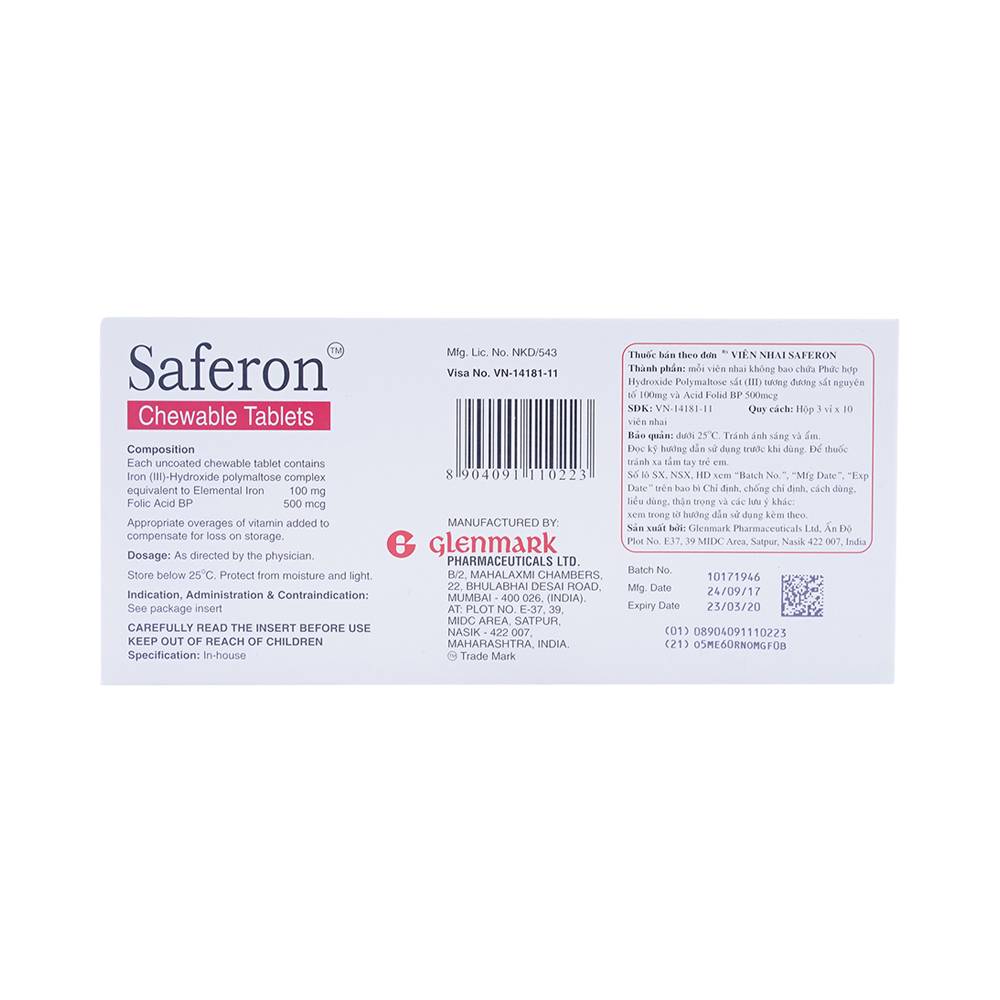 Viên nhai Saferon Glenmark dự phòng và điều trị chứng thiếu máu thiếu sắt (3 vỉ x 10 viên)