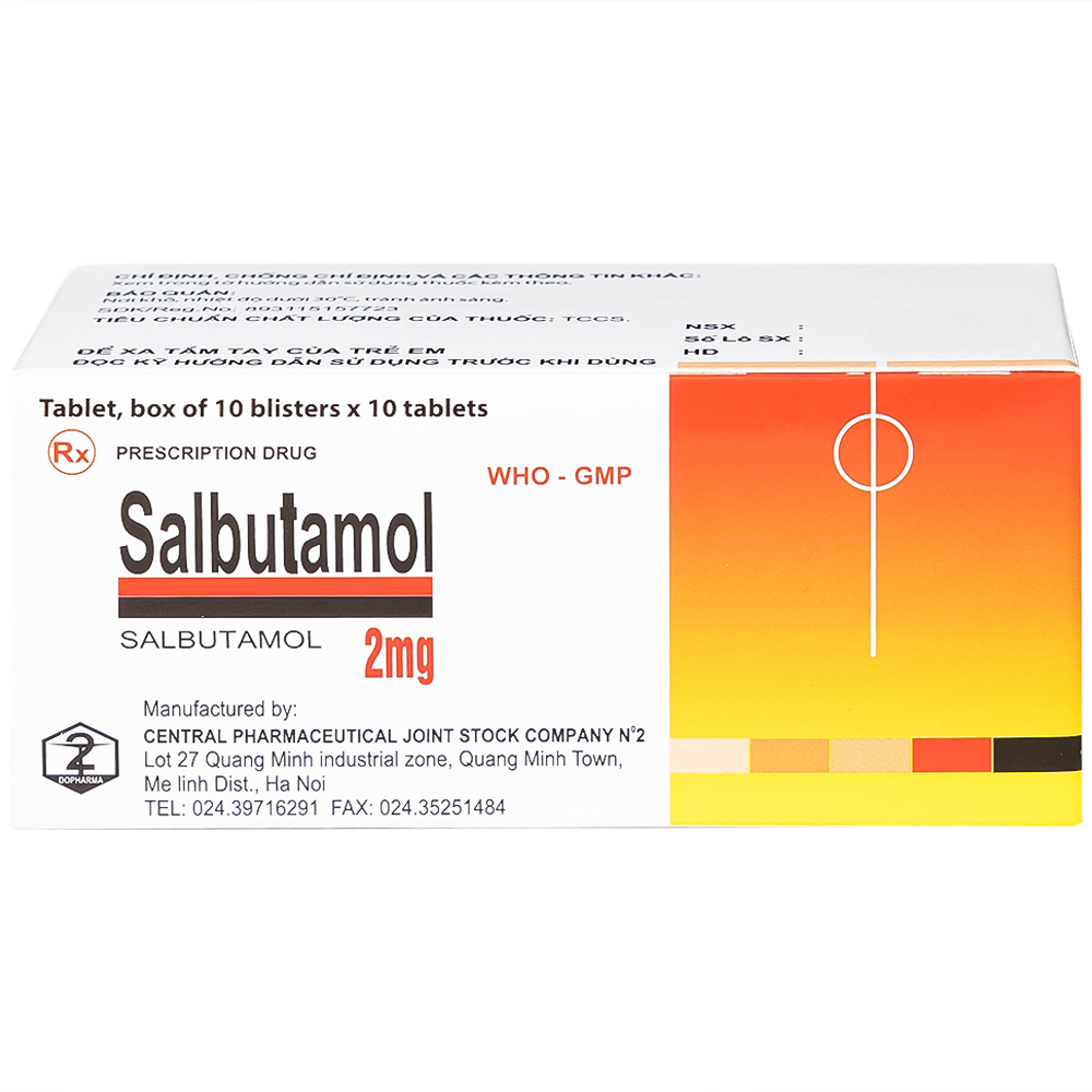 Thuốc Salbutamol 2mg Dopharma giúp giảm co thắt phế quản trong hen, viêm phế quản mãn tính (10 vỉ x 10 viên)