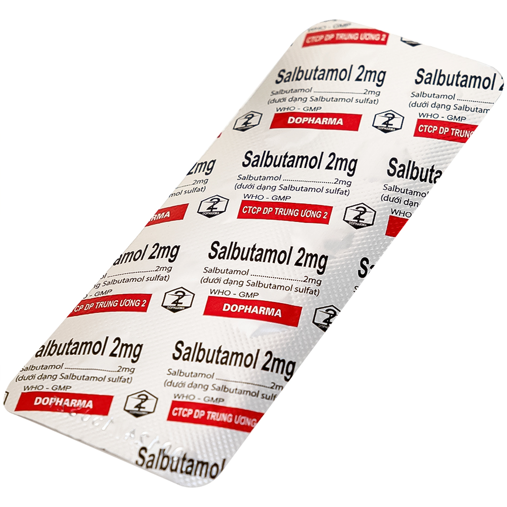 Thuốc Salbutamol 2mg Dopharma giúp giảm co thắt phế quản trong hen, viêm phế quản mãn tính (10 vỉ x 10 viên)