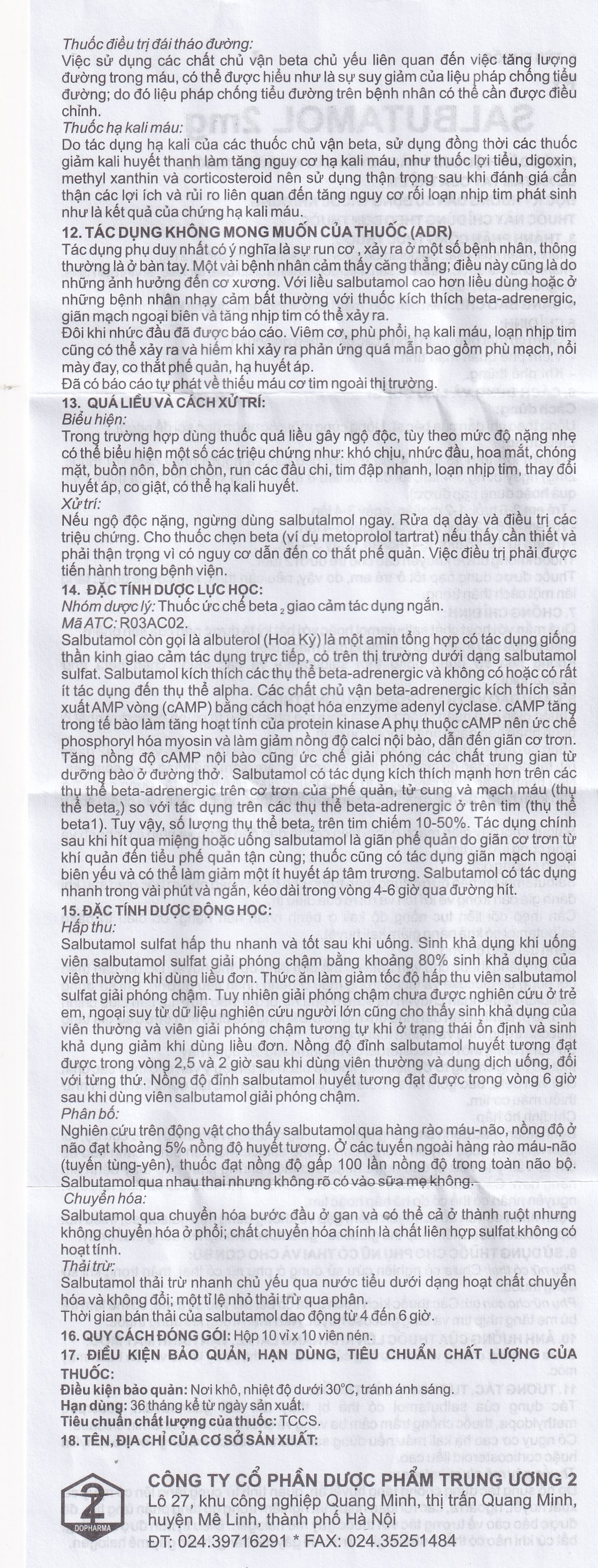 Thuốc Salbutamol 2mg Dopharma giúp giảm co thắt phế quản trong hen, viêm phế quản mãn tính (10 vỉ x 10 viên)