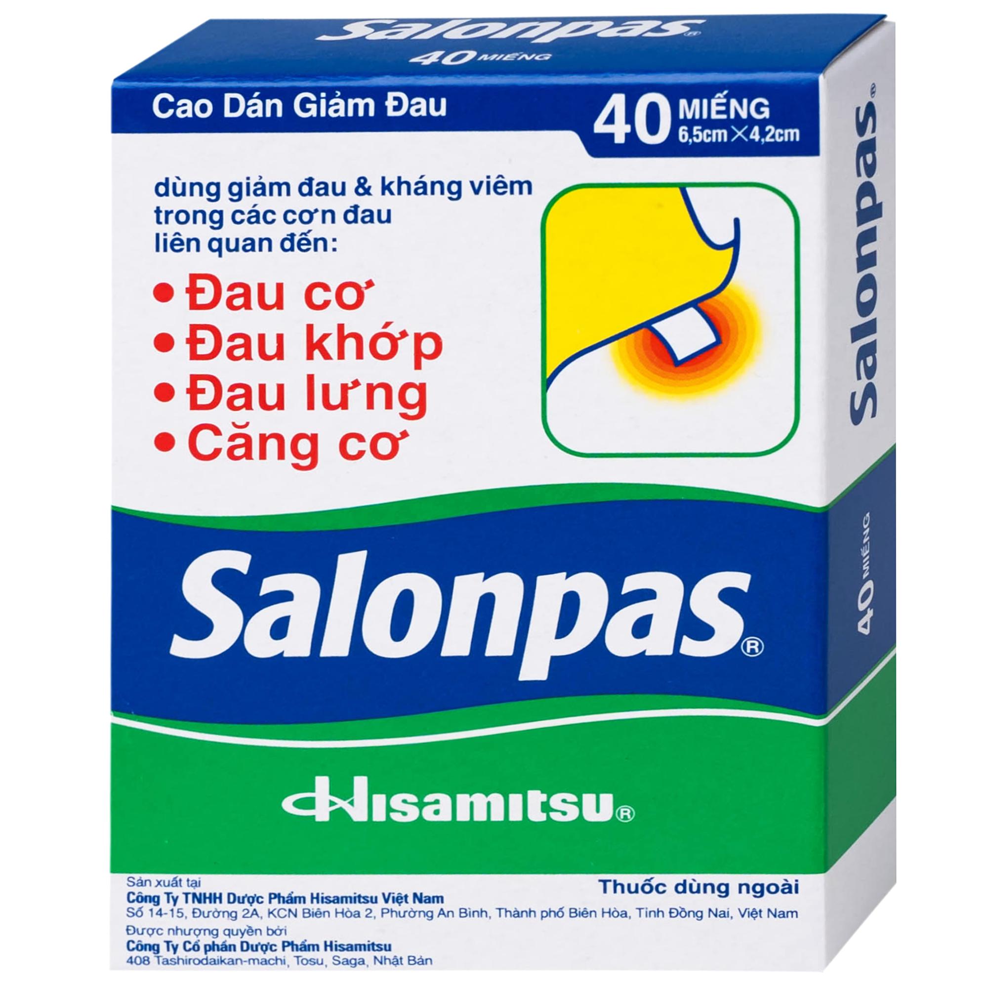 Thuốc Salonpas 6.5cm x 4.2cm Hisamitsu hỗ trợ giảm đau, kháng viêm (5 hộp x 4 gói)