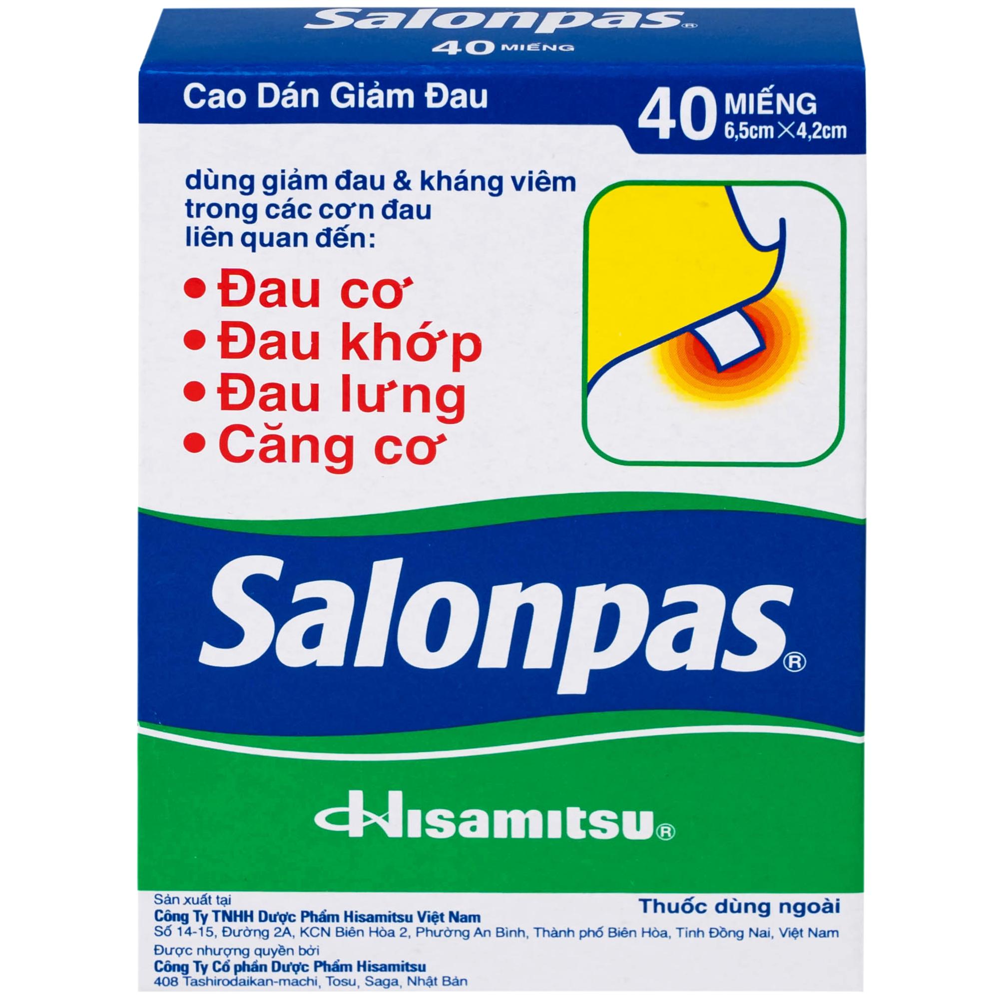 Thuốc Salonpas 6.5cm x 4.2cm Hisamitsu hỗ trợ giảm đau, kháng viêm (5 hộp x 4 gói)