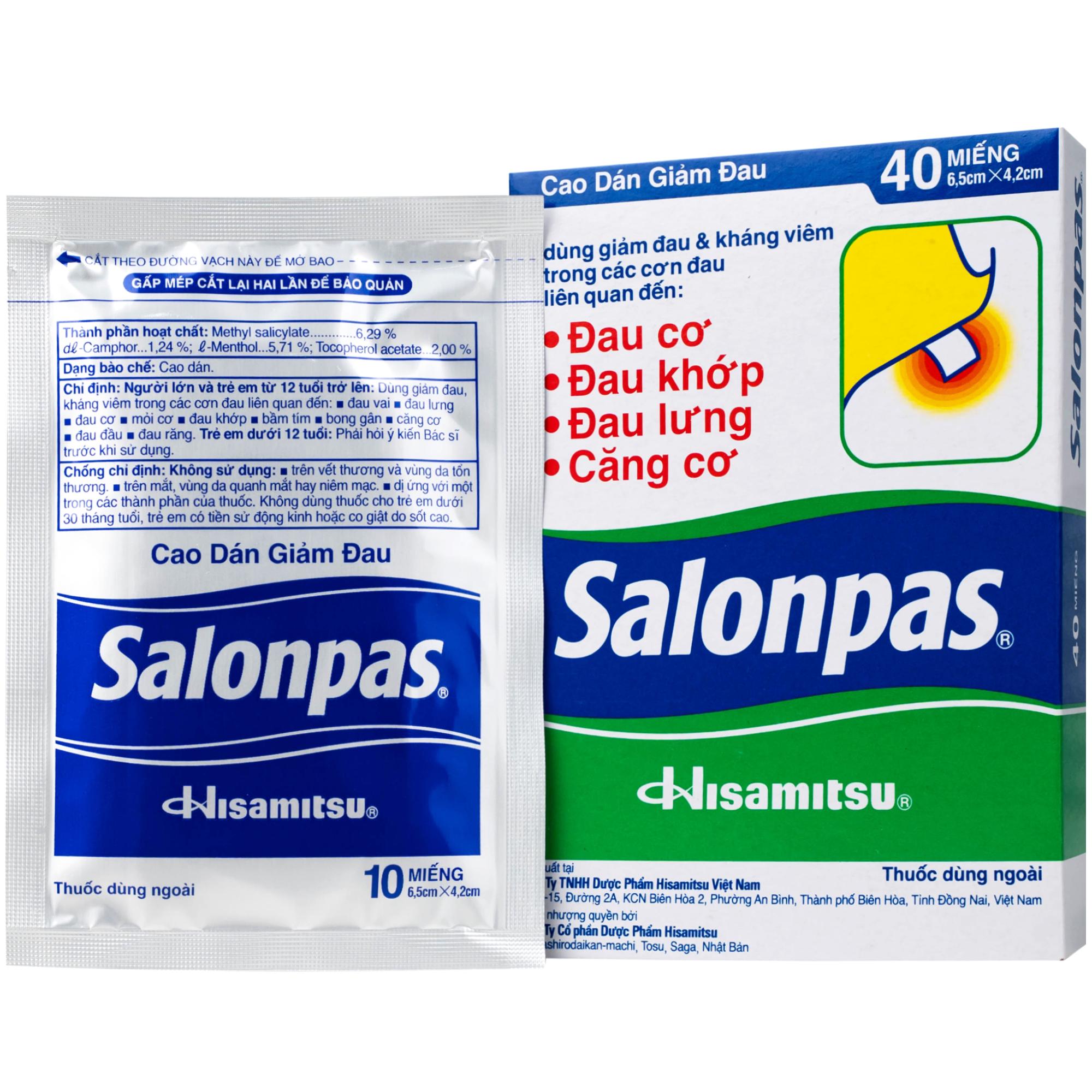 Thuốc Salonpas 6.5cm x 4.2cm Hisamitsu hỗ trợ giảm đau, kháng viêm (5 hộp x 4 gói)