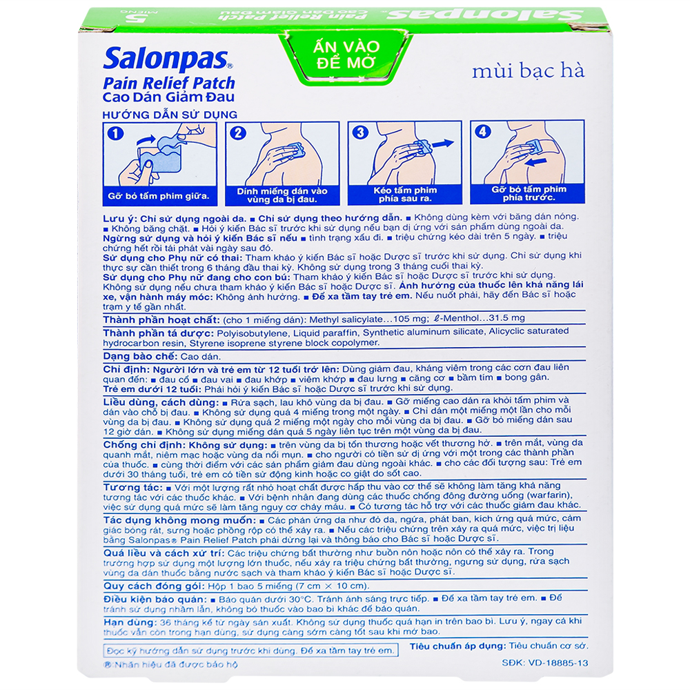 Cao dán giảm đau Salonpas Pain Relief Patch dùng trong các cơn đau vai, đau cổ (7cm x 10 cm - 5 miếng)