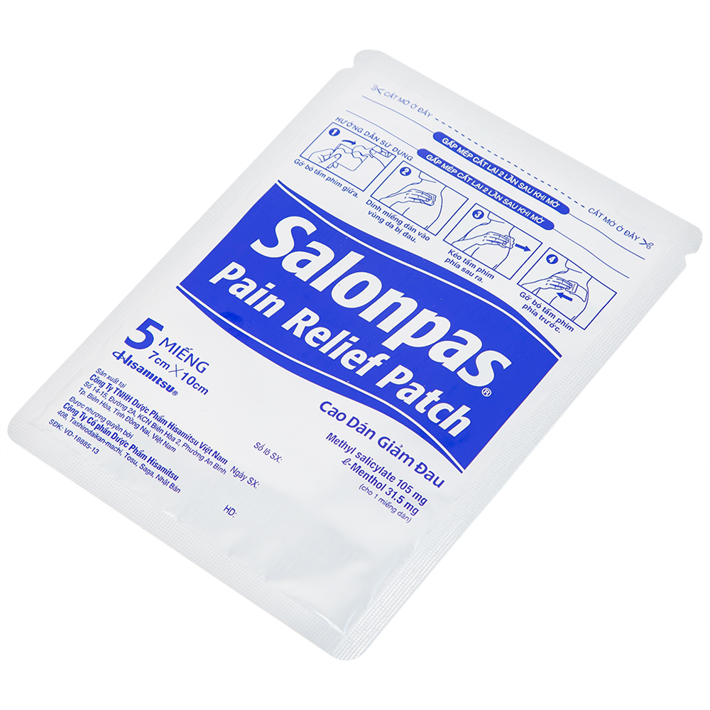 Cao dán giảm đau Salonpas Pain Relief Patch dùng trong các cơn đau vai, đau cổ (7cm x 10 cm - 5 miếng)