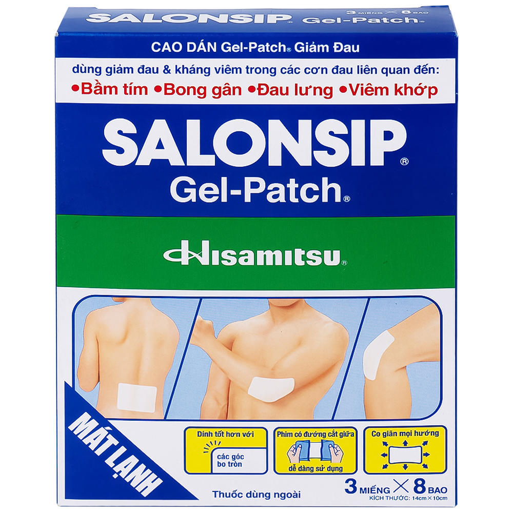 Cao dán Salonsip Gel - Patch Hisamitsu giảm đau, kháng viêm do mỏi cơ, đau cơ (8 gói x 3 miếng)