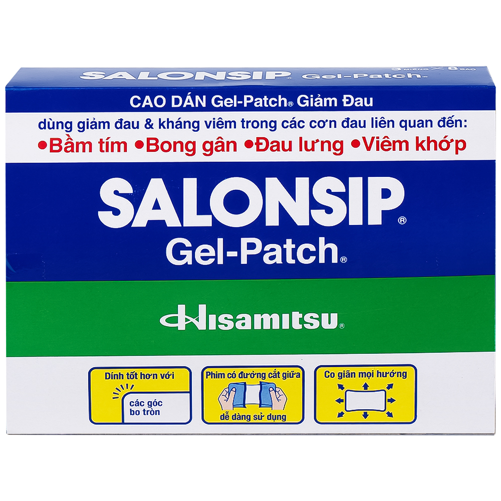 Cao dán Salonsip Gel - Patch Hisamitsu giảm đau, kháng viêm do mỏi cơ, đau cơ (8 gói x 3 miếng)
