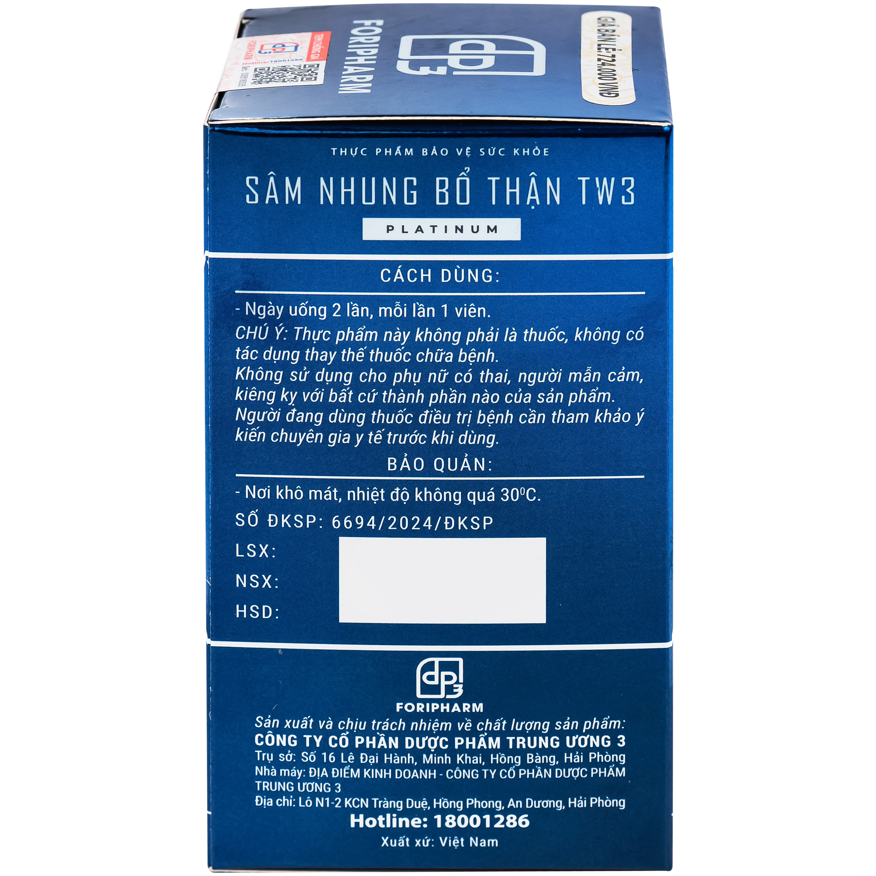 Viên uống hỗ trợ bổ thận tráng dương, cải thiện sinh lý nam Sâm Nhung Bổ Thận TW3 Platinum (60 viên)