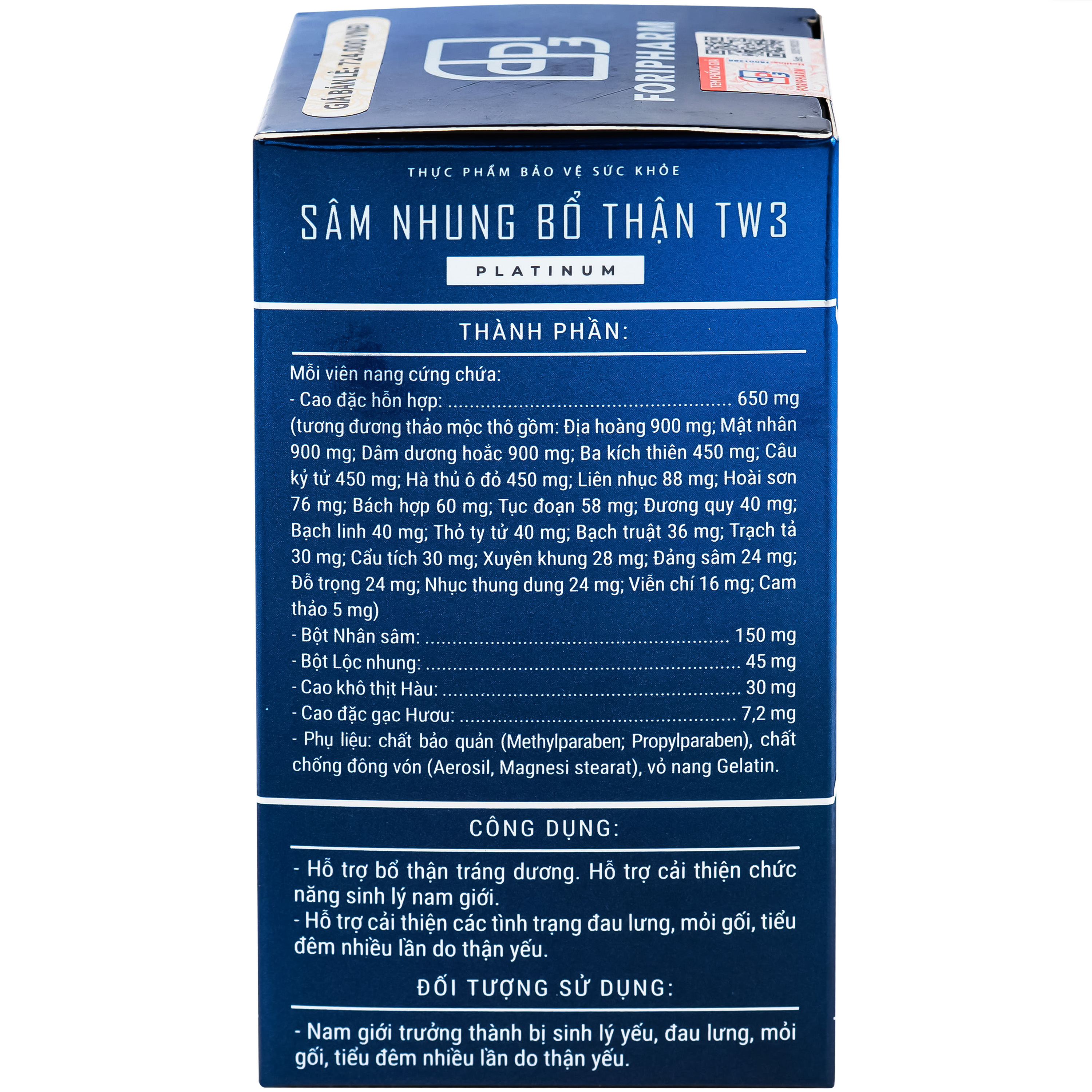 Viên uống hỗ trợ bổ thận tráng dương, cải thiện sinh lý nam Sâm Nhung Bổ Thận TW3 Platinum (60 viên)