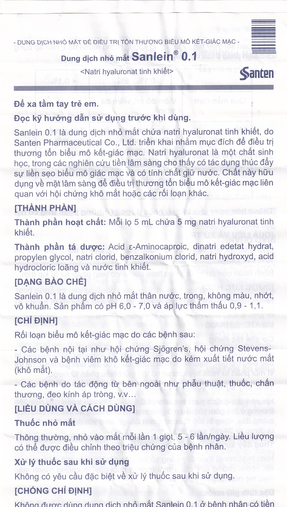 Thuốc nhỏ mắt Sanlein 0.1% Santen hỗ trợ điều trị rối loạn biểu mô kết giác mạc (5ml)