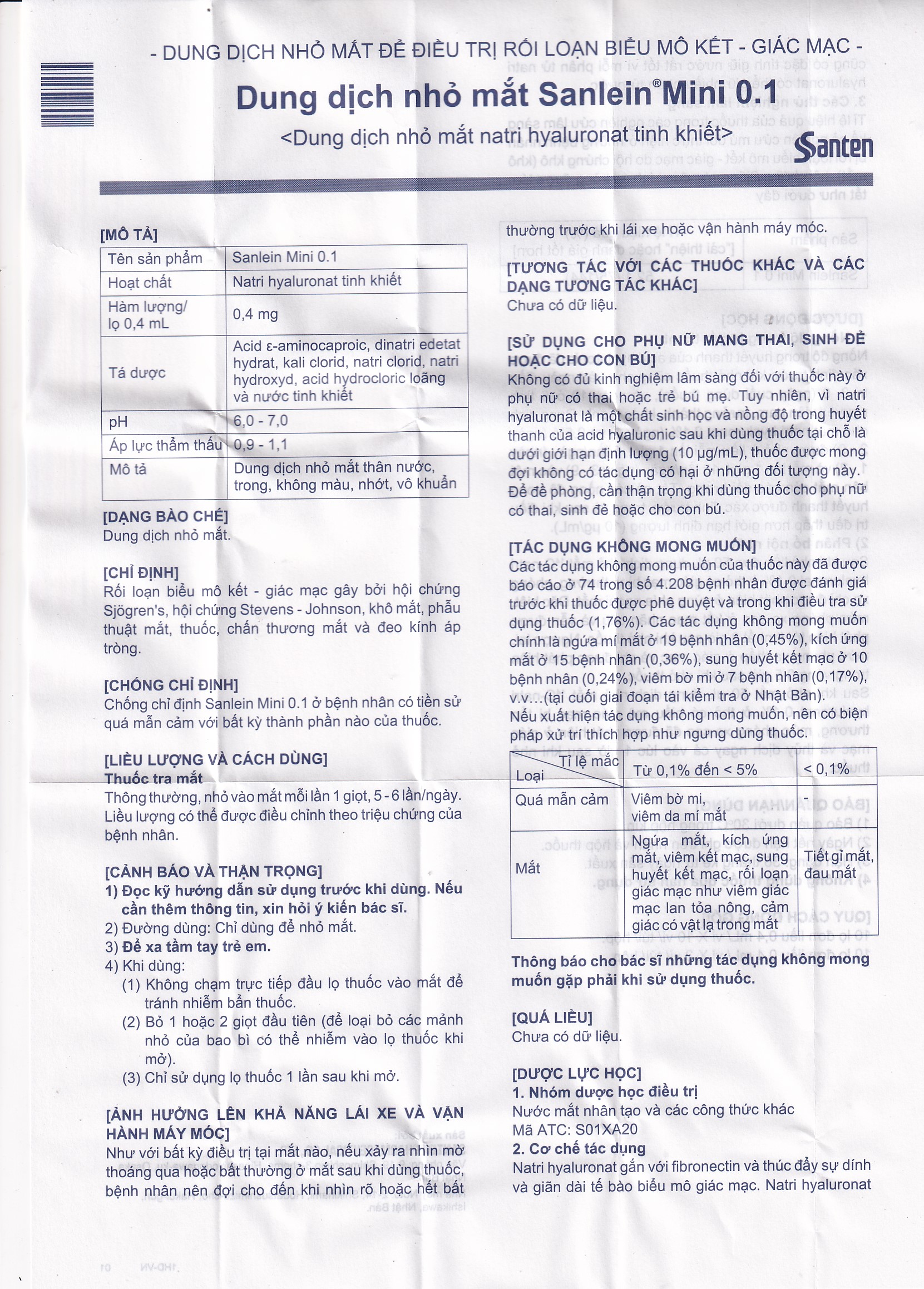 Thuốc nhỏ mắt Sanlein Mini 0.1% Santen hỗ trợ điều trị rối loạn biểu mô kết giác mạc (3 vỉ x 10 lọ x 0.4ml)