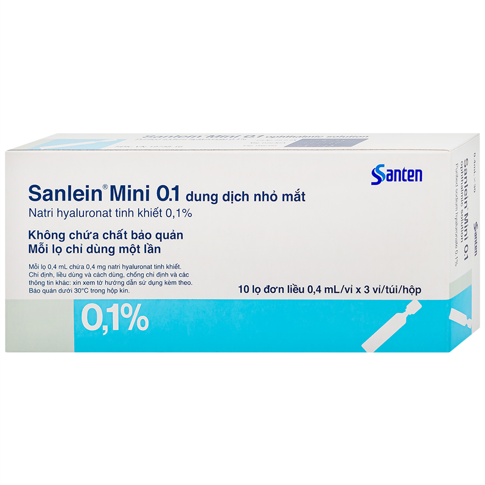 Thuốc nhỏ mắt Sanlein Mini 0.1% Santen hỗ trợ điều trị rối loạn biểu mô kết giác mạc (3 vỉ x 10 lọ x 0.4ml)