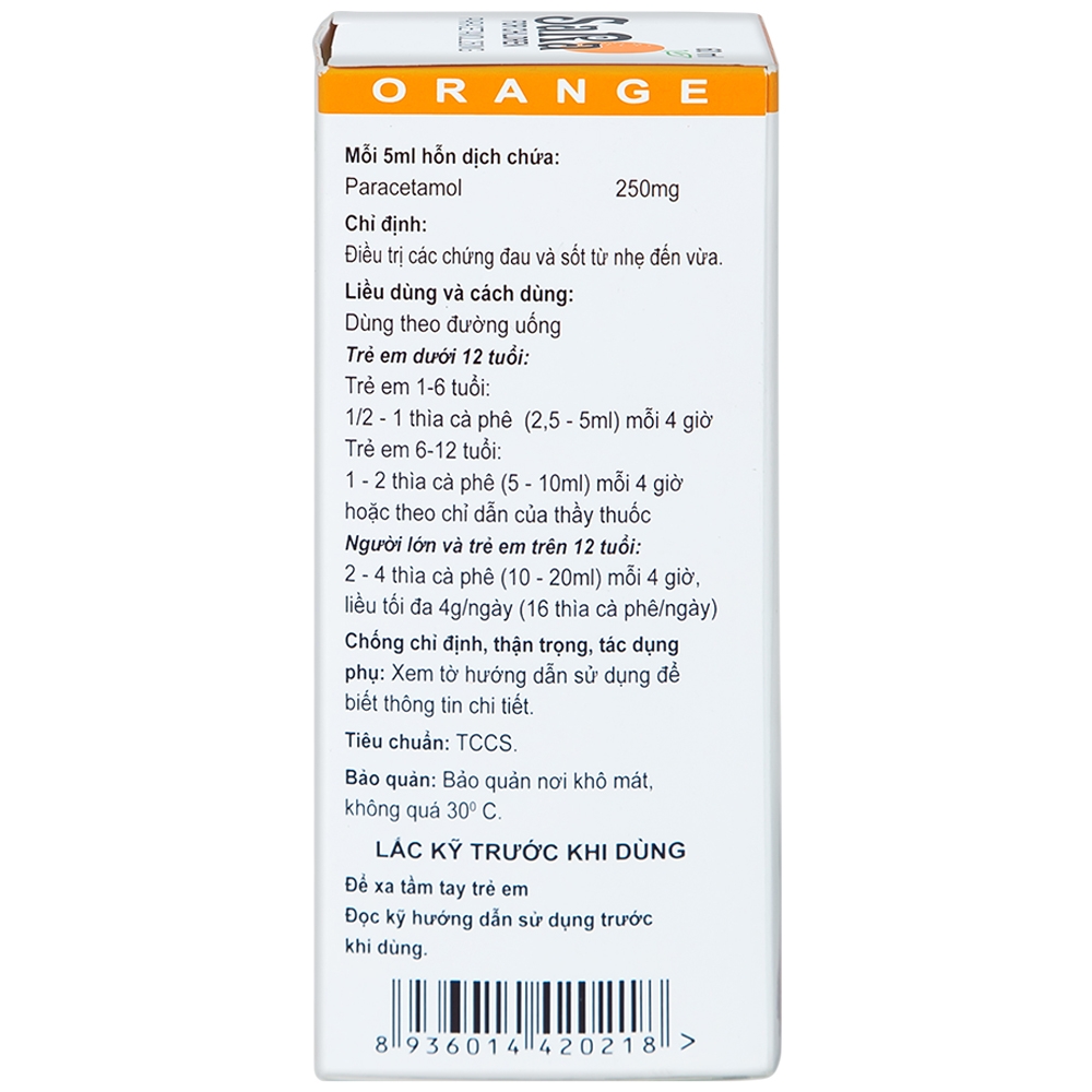 Hỗn dịch SaRa For Children 250mg Thai Nakorn Patana hương cam, hạ sốt và giảm đau (60ml)