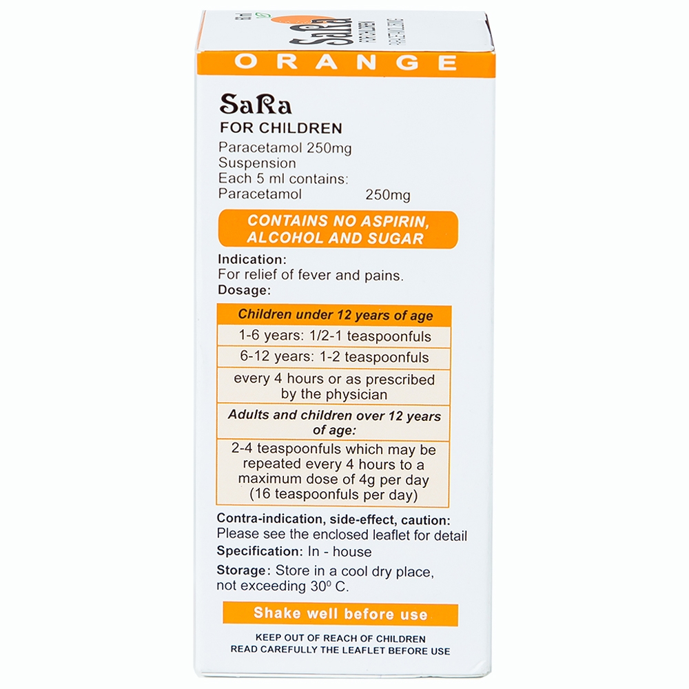 Hỗn dịch SaRa For Children 250mg Thai Nakorn Patana hương cam, hạ sốt và giảm đau (60ml)