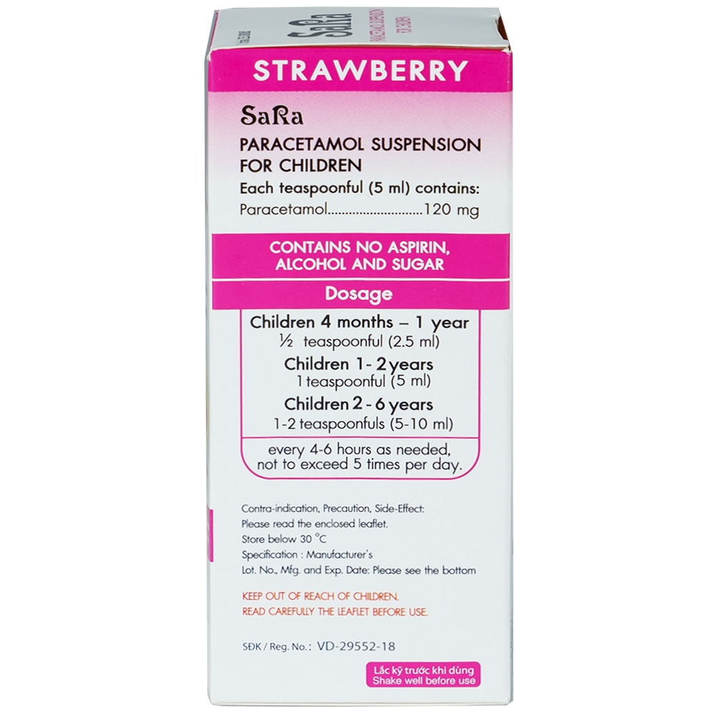 Thuốc Sara 120mg/5ml Thai Nakorn Patana hương dâu tây hạ sốt, giảm đau cho trẻ (60ml)