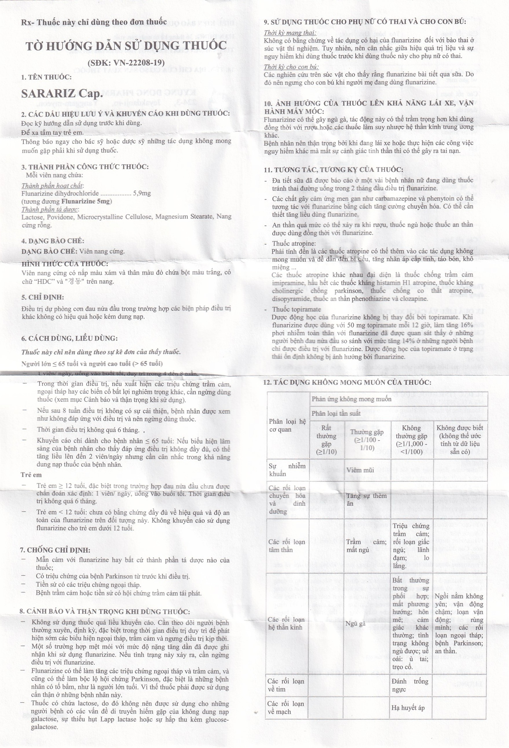 Thuốc Sarariz 5.9mg Kyung Dong điều trị đau nửa đầu, chứng chóng mặt (60 viên)