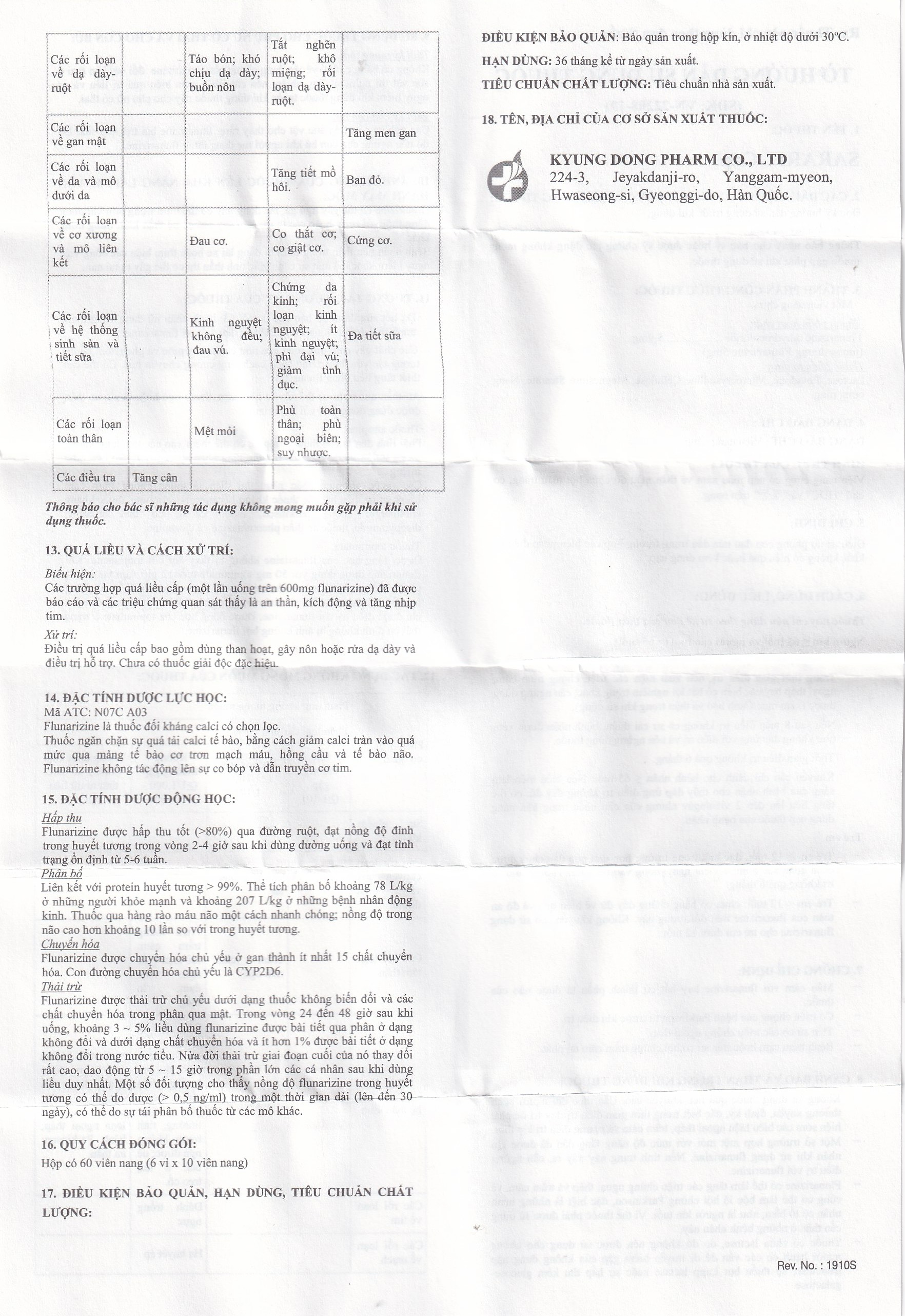 Thuốc Sarariz 5.9mg Kyung Dong điều trị đau nửa đầu, chứng chóng mặt (60 viên)